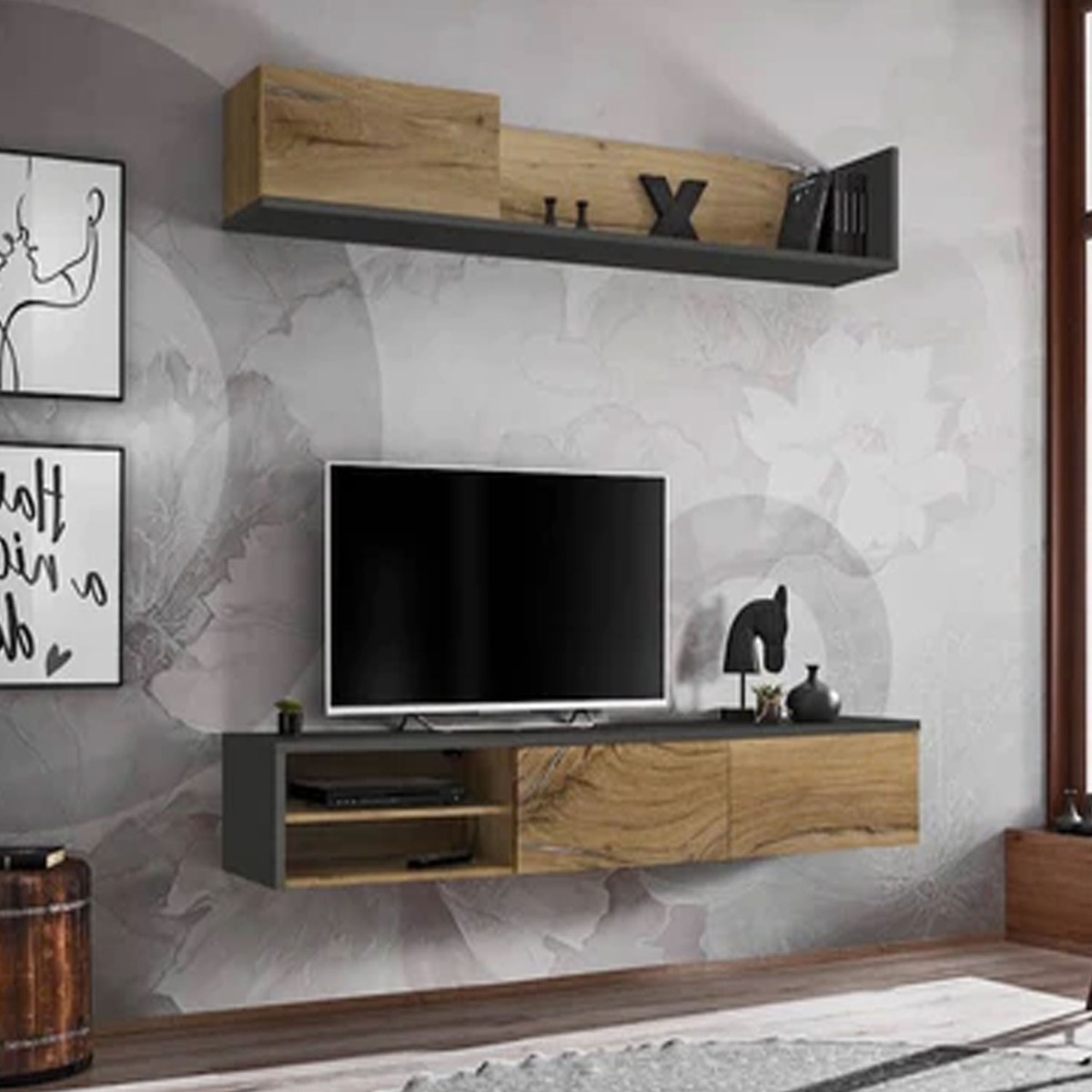 Pantheon Haven TV Entertainment Unit with 2 Open Compartments - Anthracite and Oak