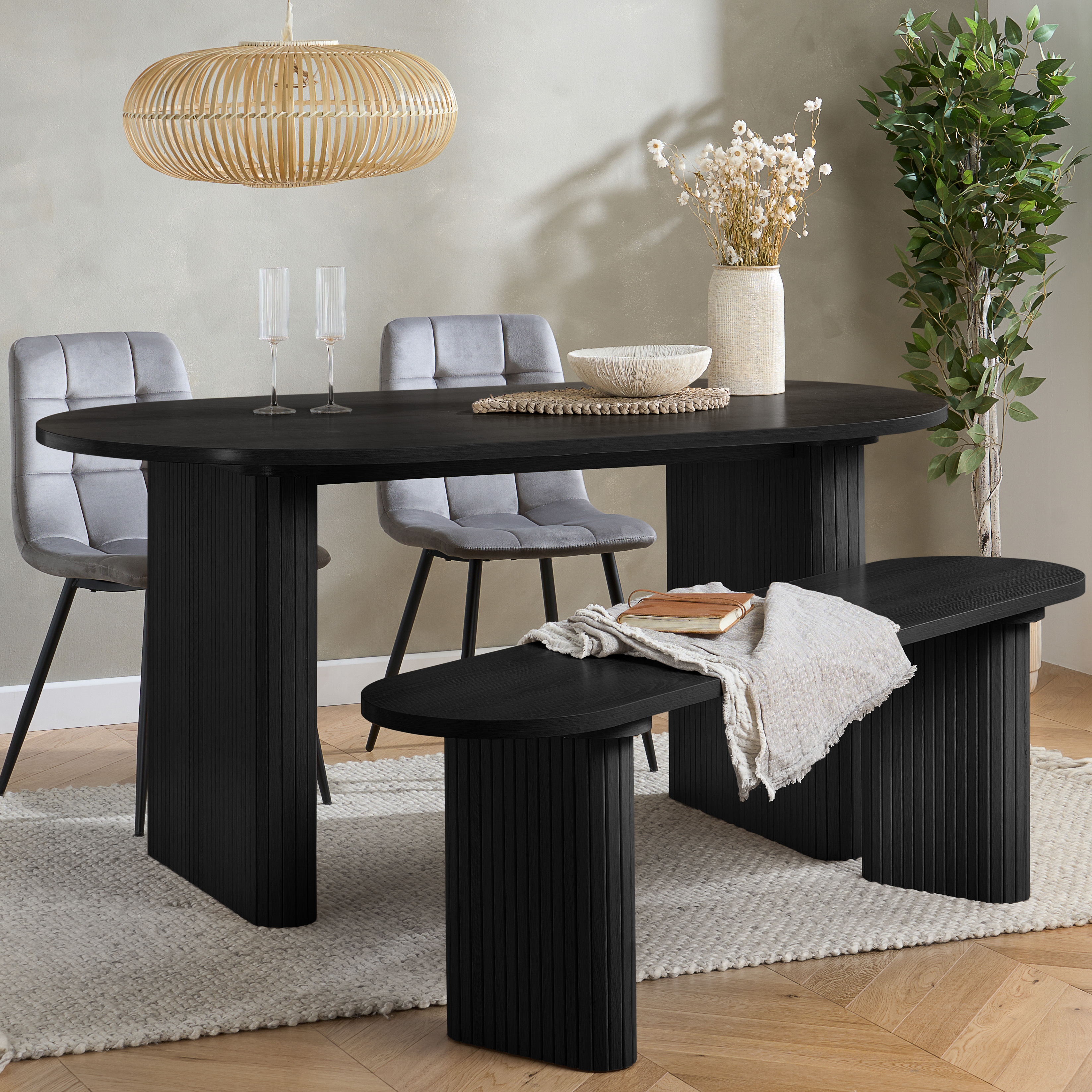 AUREN Fluted Oval Dining Table with 2 Chairs and Bench - Black