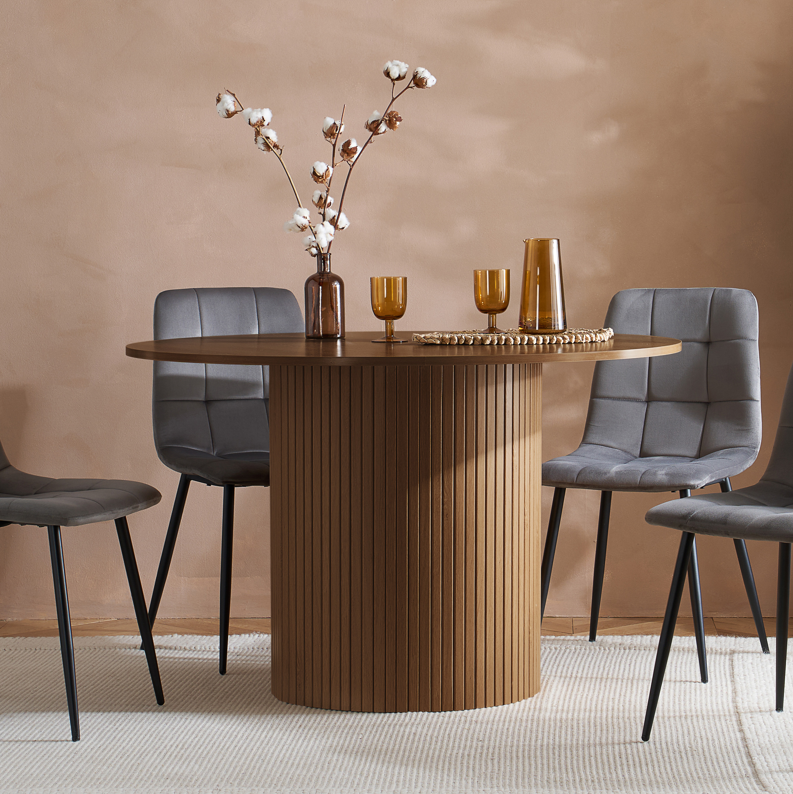 AUREN Fluted Round Dining Table with 4 Fabric Chairs - Walnut