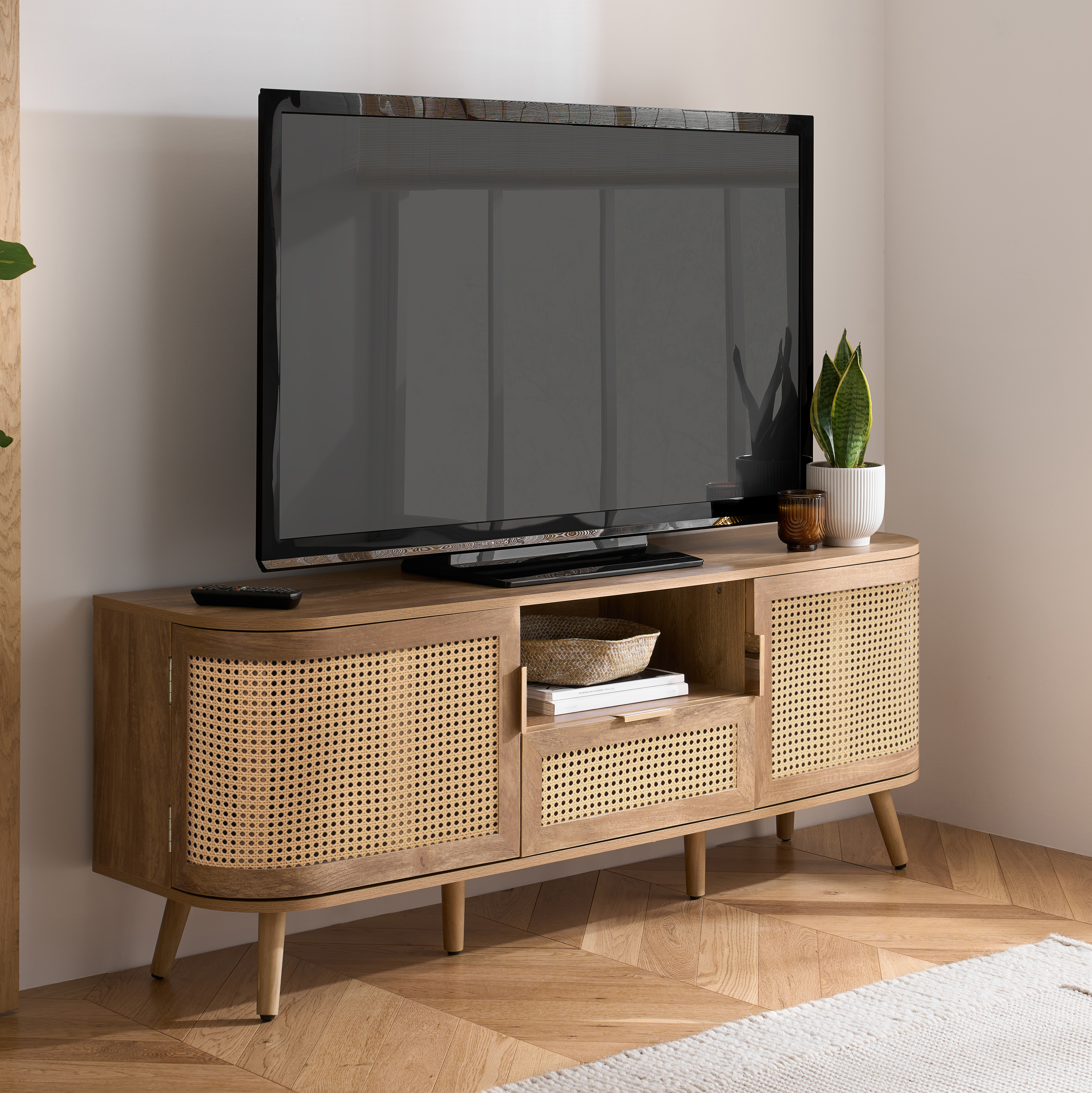OTHLYN 2 Door Rattan TV Unit with 1 Drawer - Oak
