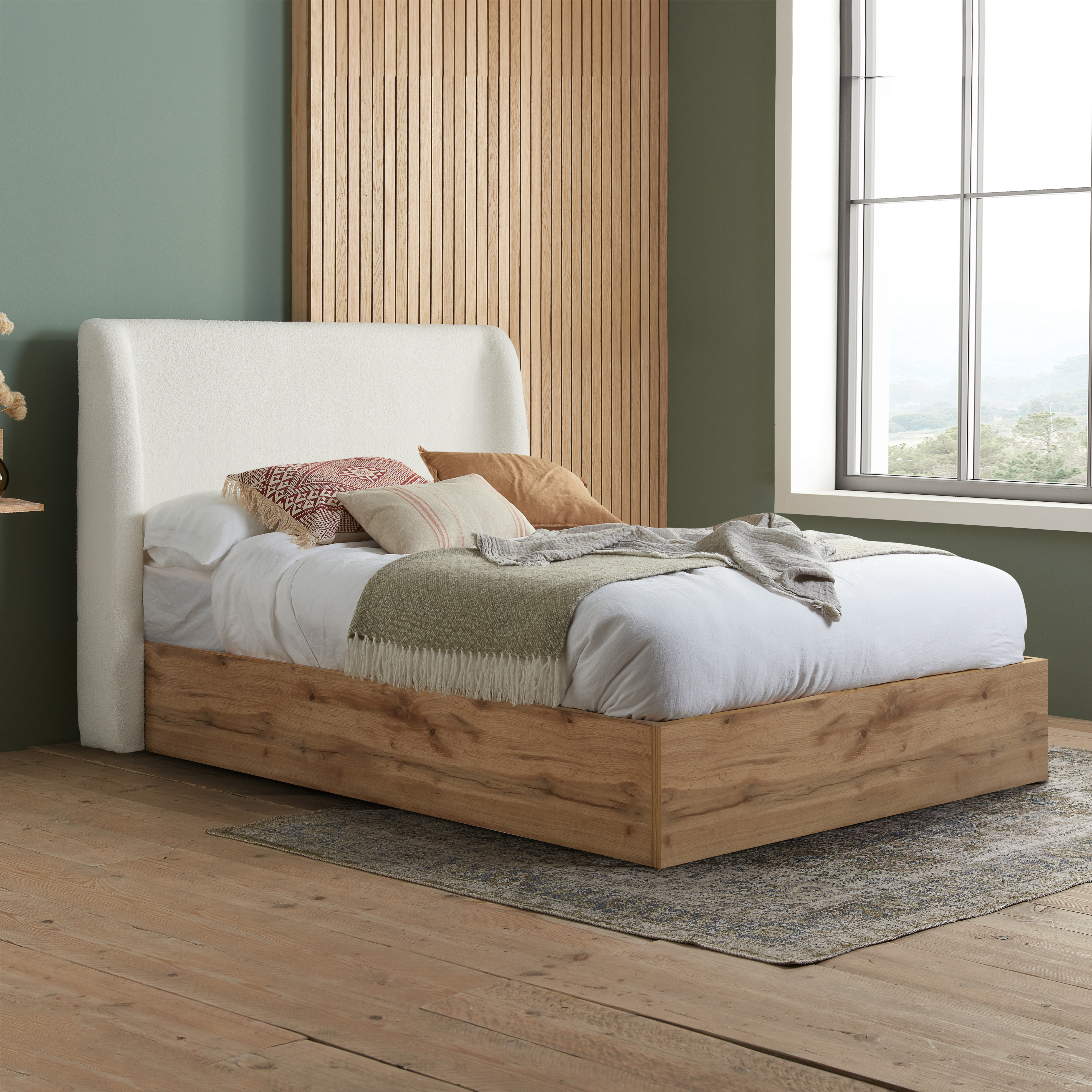 THALDEN Double Wooden Ottoman Storage Bedframe - Light Oak with White