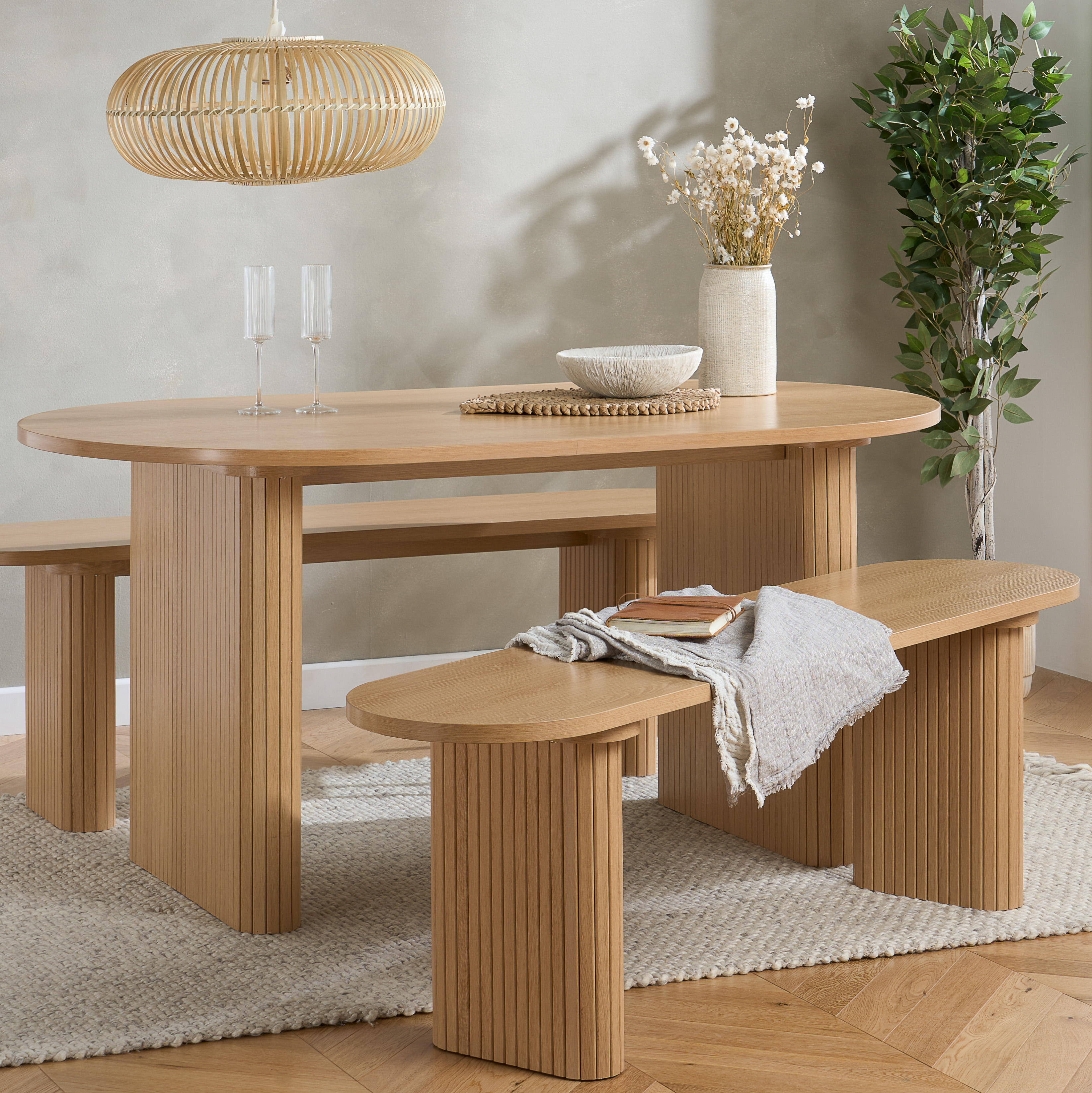 AUREN Fluted Oval Dining Table with 2 Benches - Oak