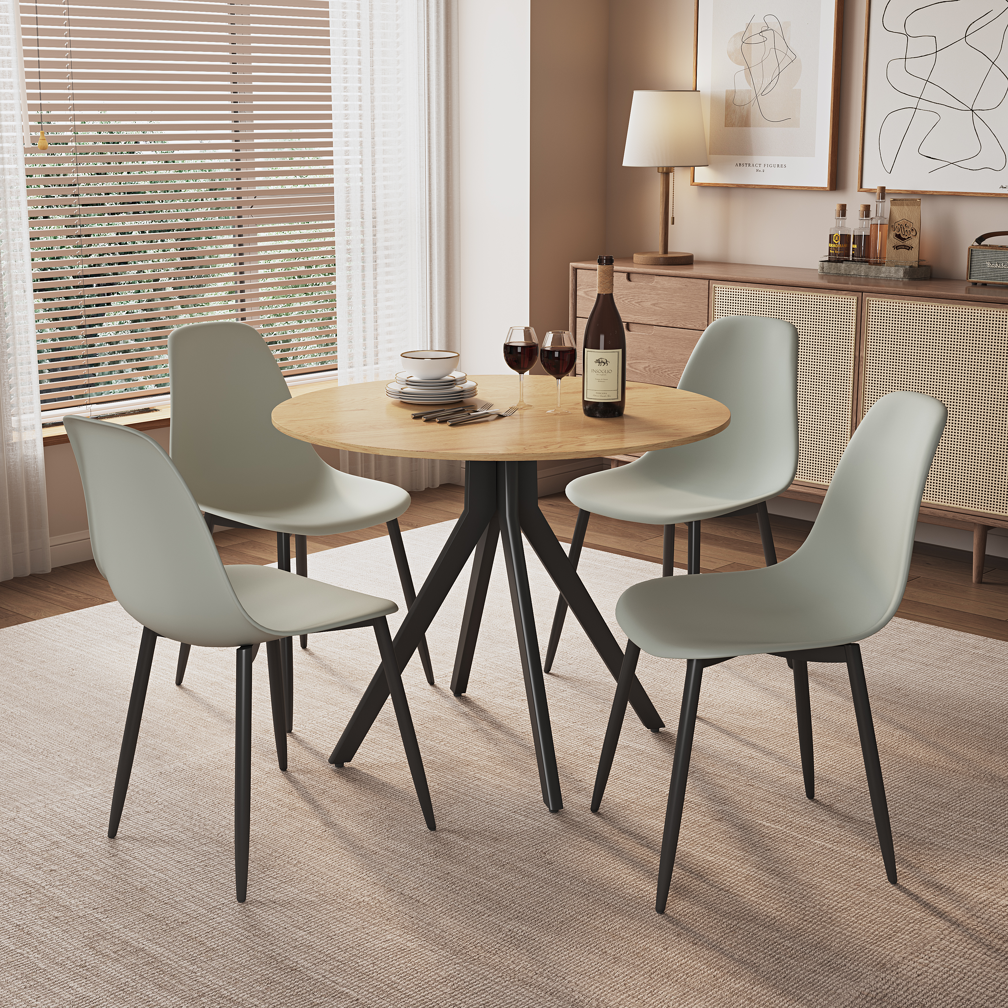 NEXO Round Dining Table with 4 Curve Plastic Chairs - Light Oak with Grey