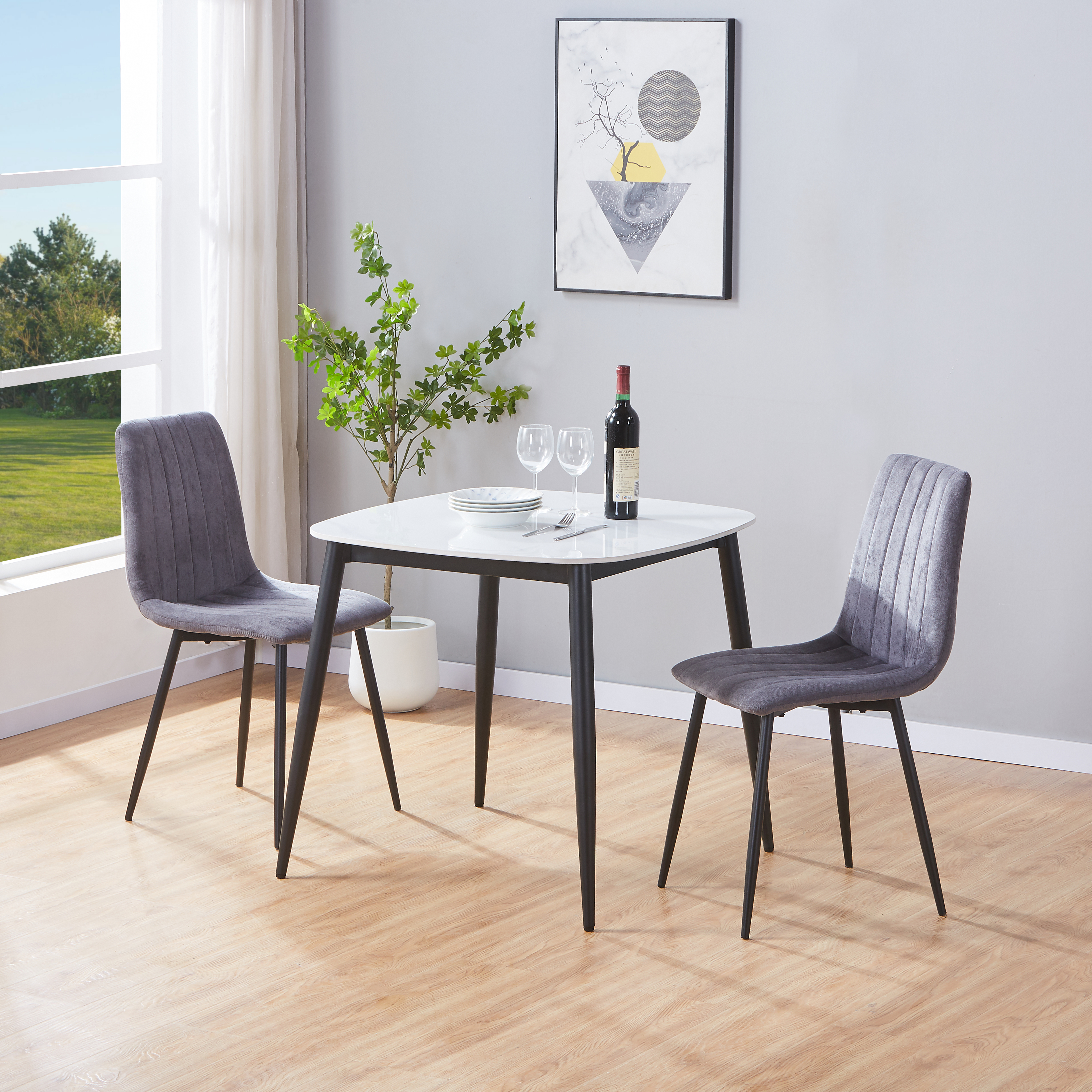 NEXO Sintered Stone Square Dining Table with 2 Straight Stitch Fabric Chairs - Gloss White with Grey