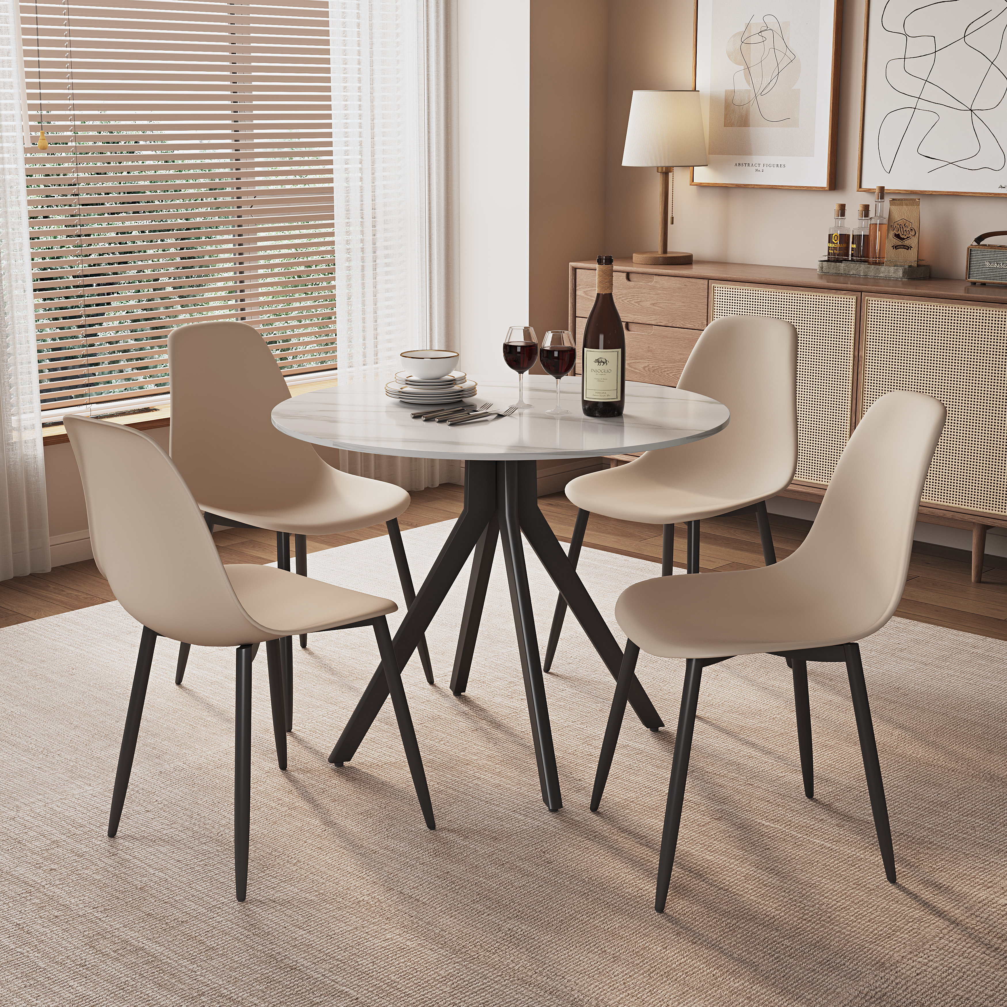NEXO Sintered Stone Round Dining Table with 4 Curve Plastic Chairs - Gloss White with Calico