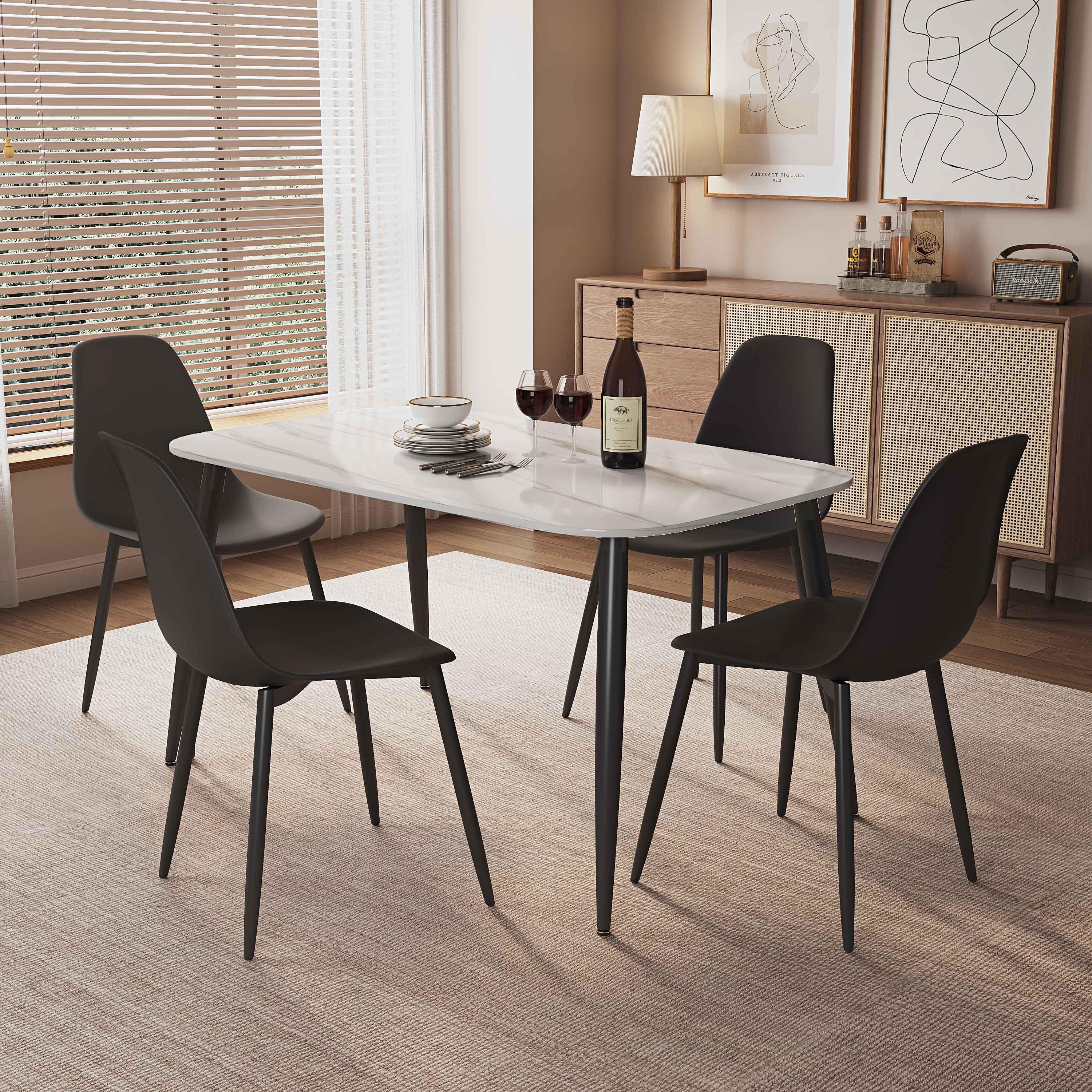 NEXO Sintered Stone Rectangular Dining Table with 4 Curve Plastic Chairs - Black