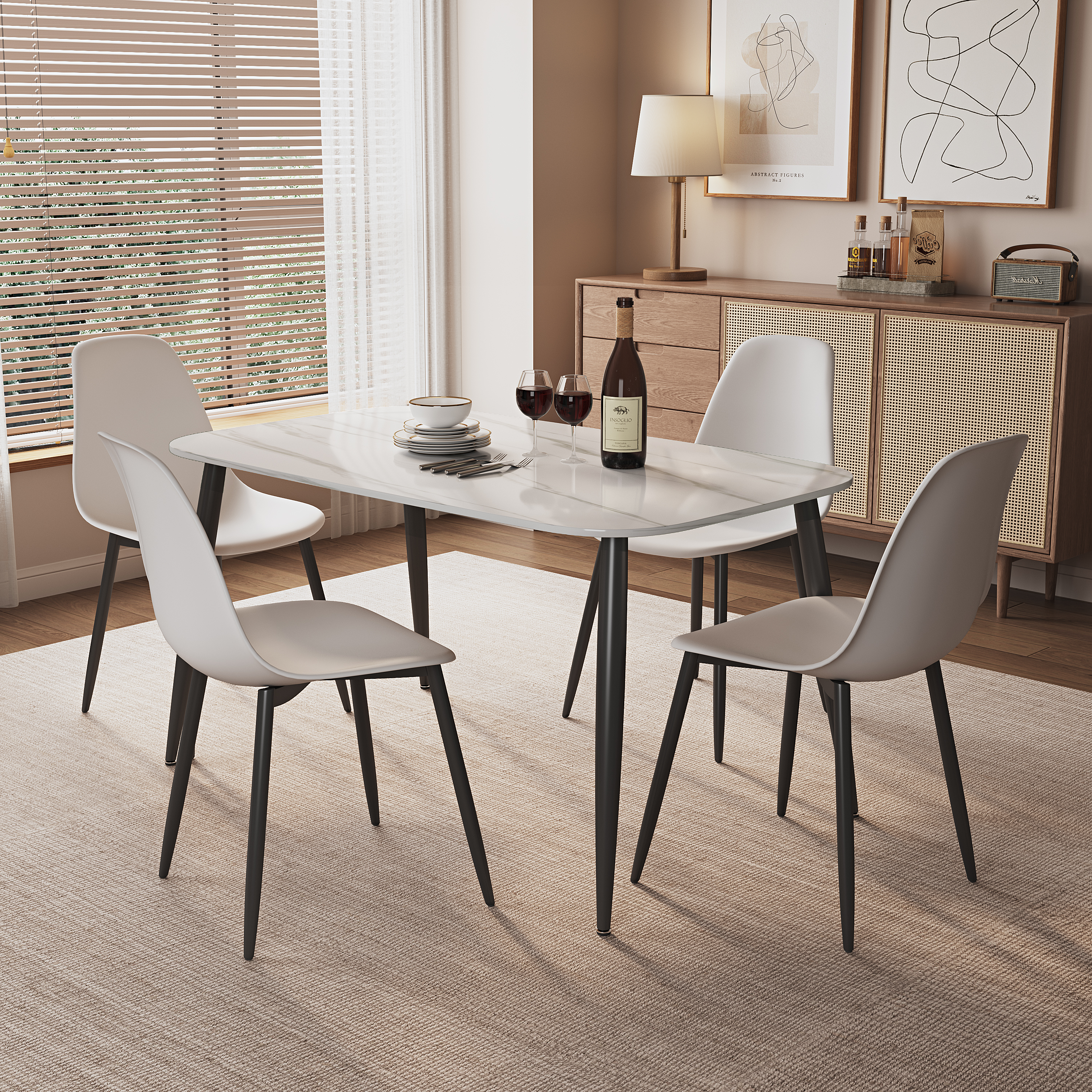 NEXO Sintered Stone Rectangular Dining Table with 4 Curve Plastic Chairs - Gloss White with White