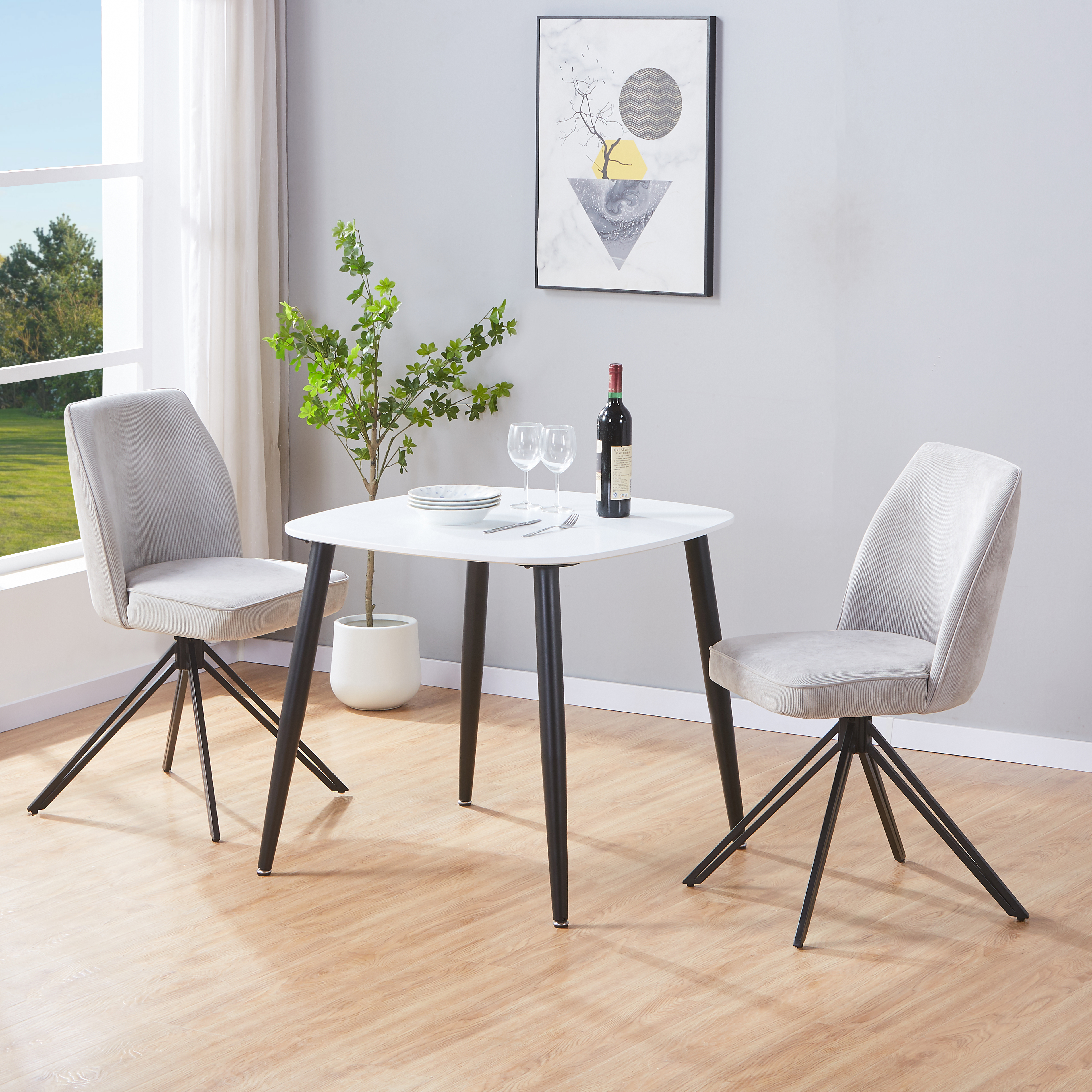 NEXO Square Dining Table with 2 Swivel Fabric Chairs - White with Light Grey
