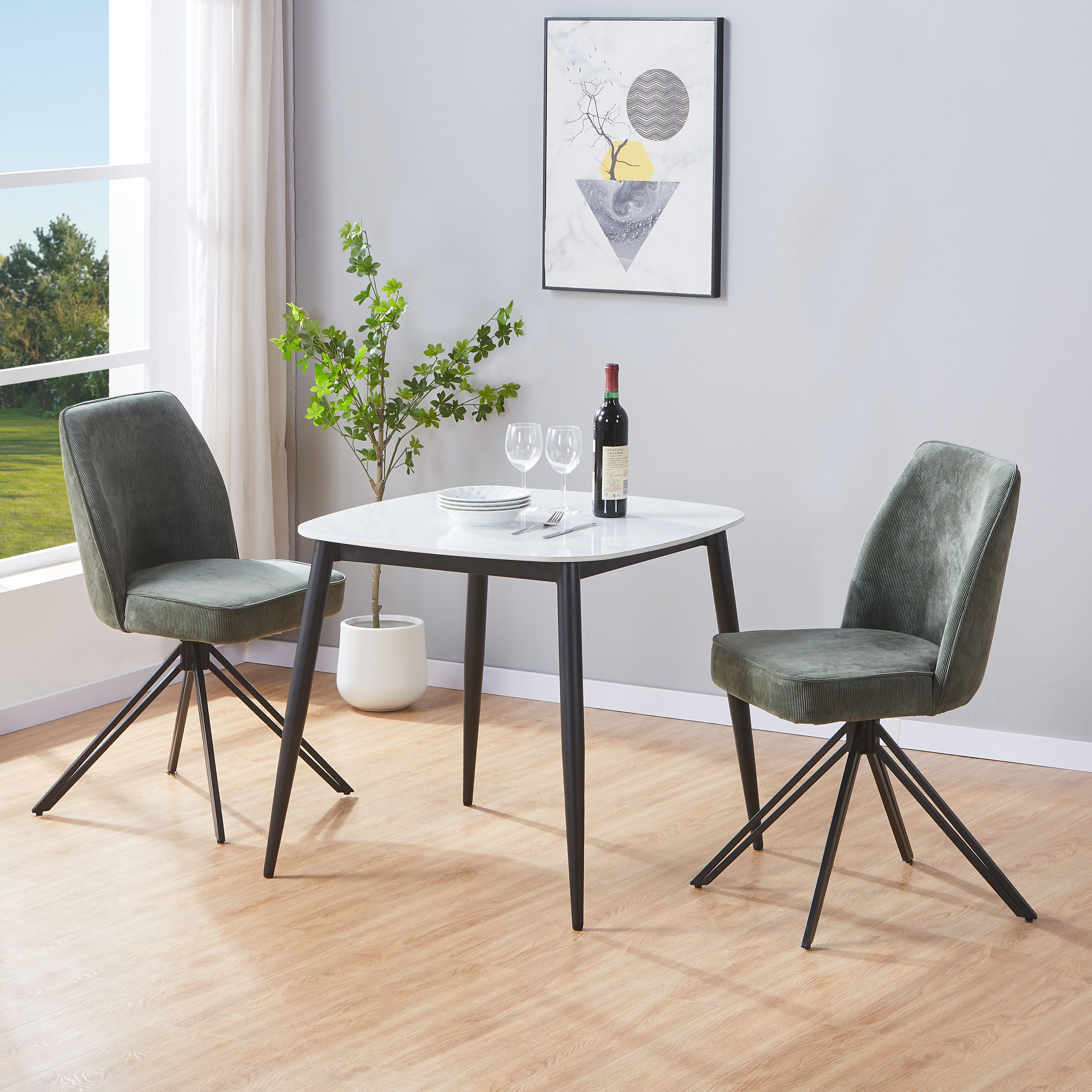 NEXO Sintered Stone Square Dining Table with 2 Swivel Fabric Chairs - Gloss White with Green