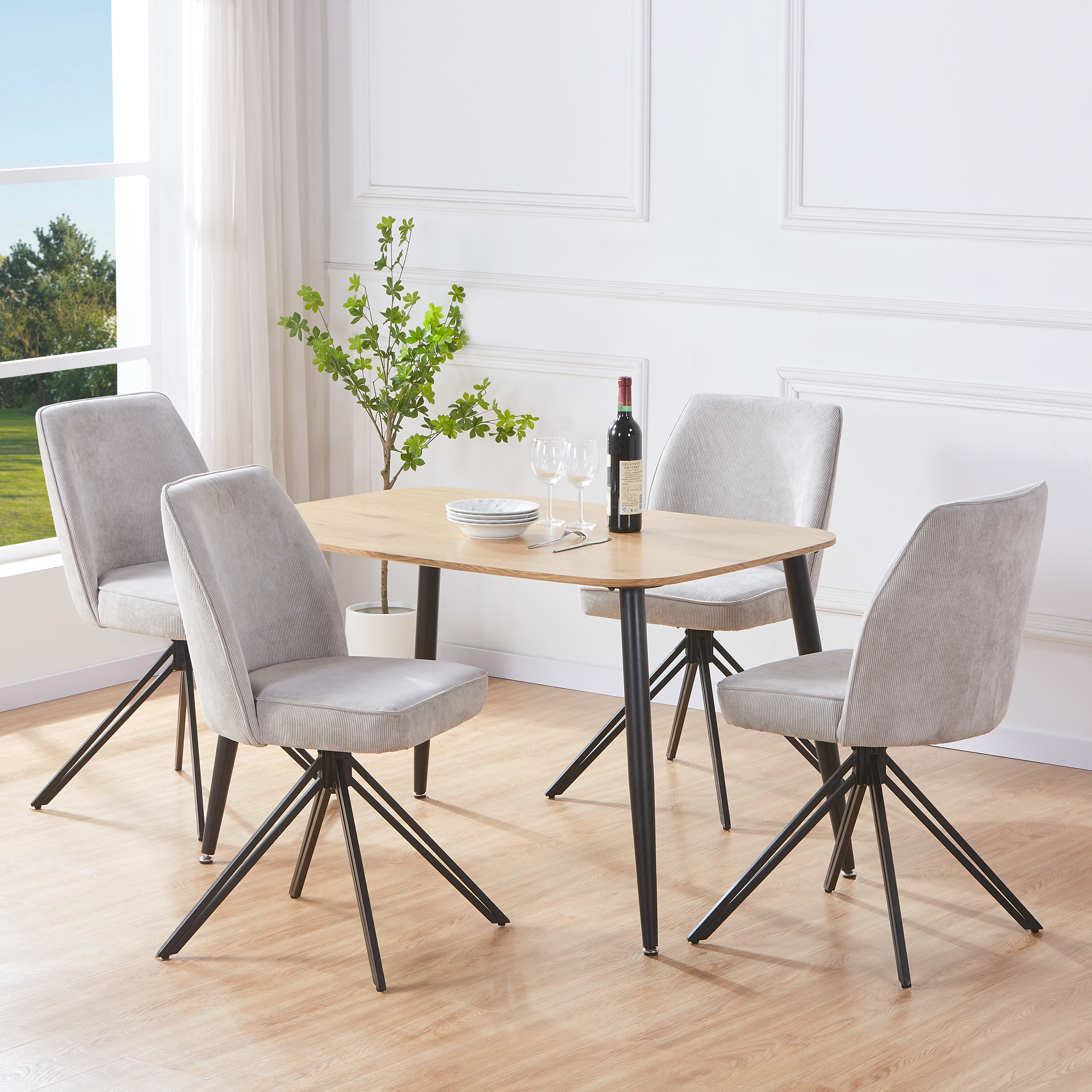NEXO Rectangular Dining Table with 4 Swivel Fabric Chairs - Light Oak with Light Grey