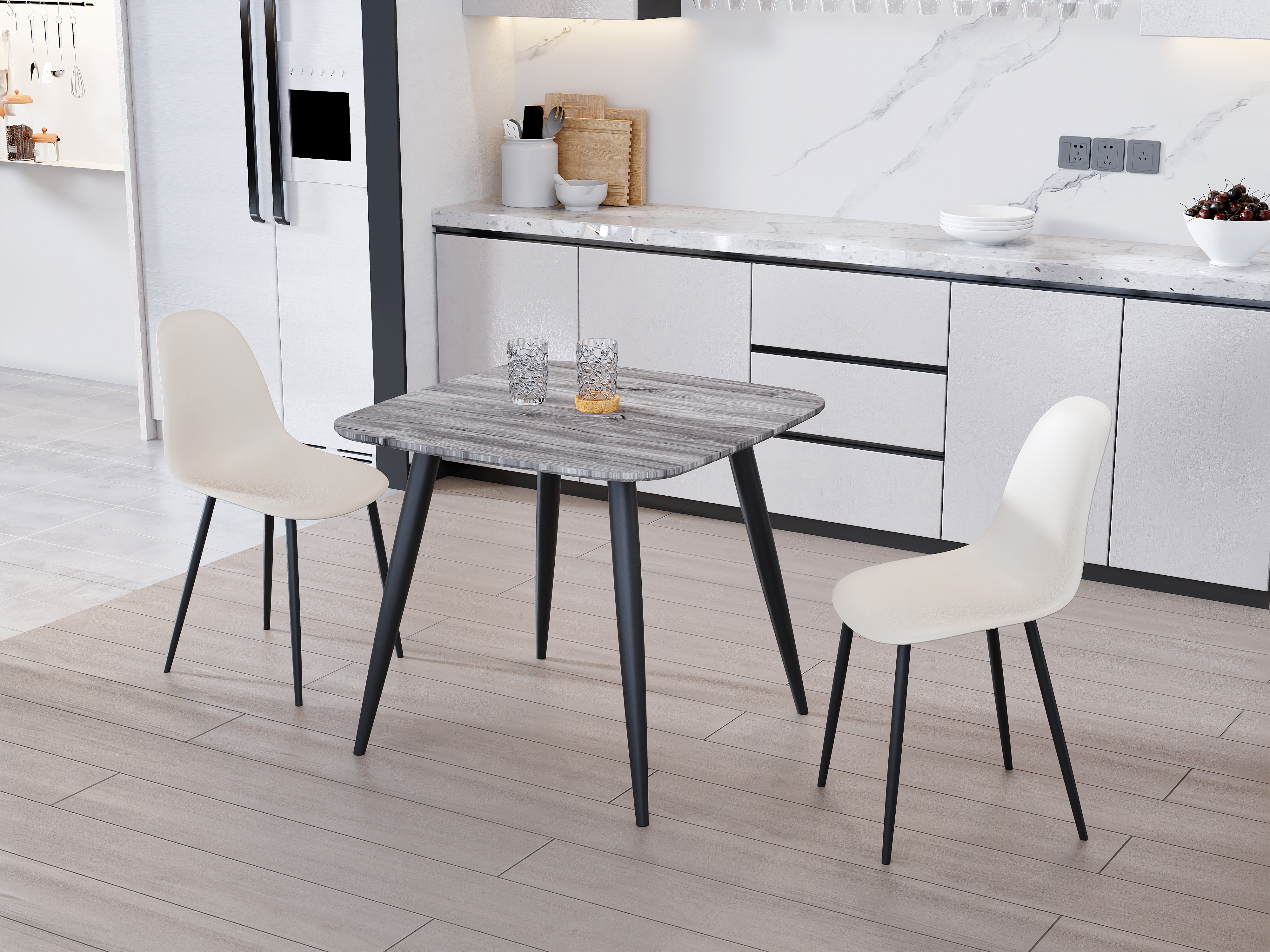 NEXO Square Dining Table with 2 Curve Plastic Chairs - Grey Oak with Calico