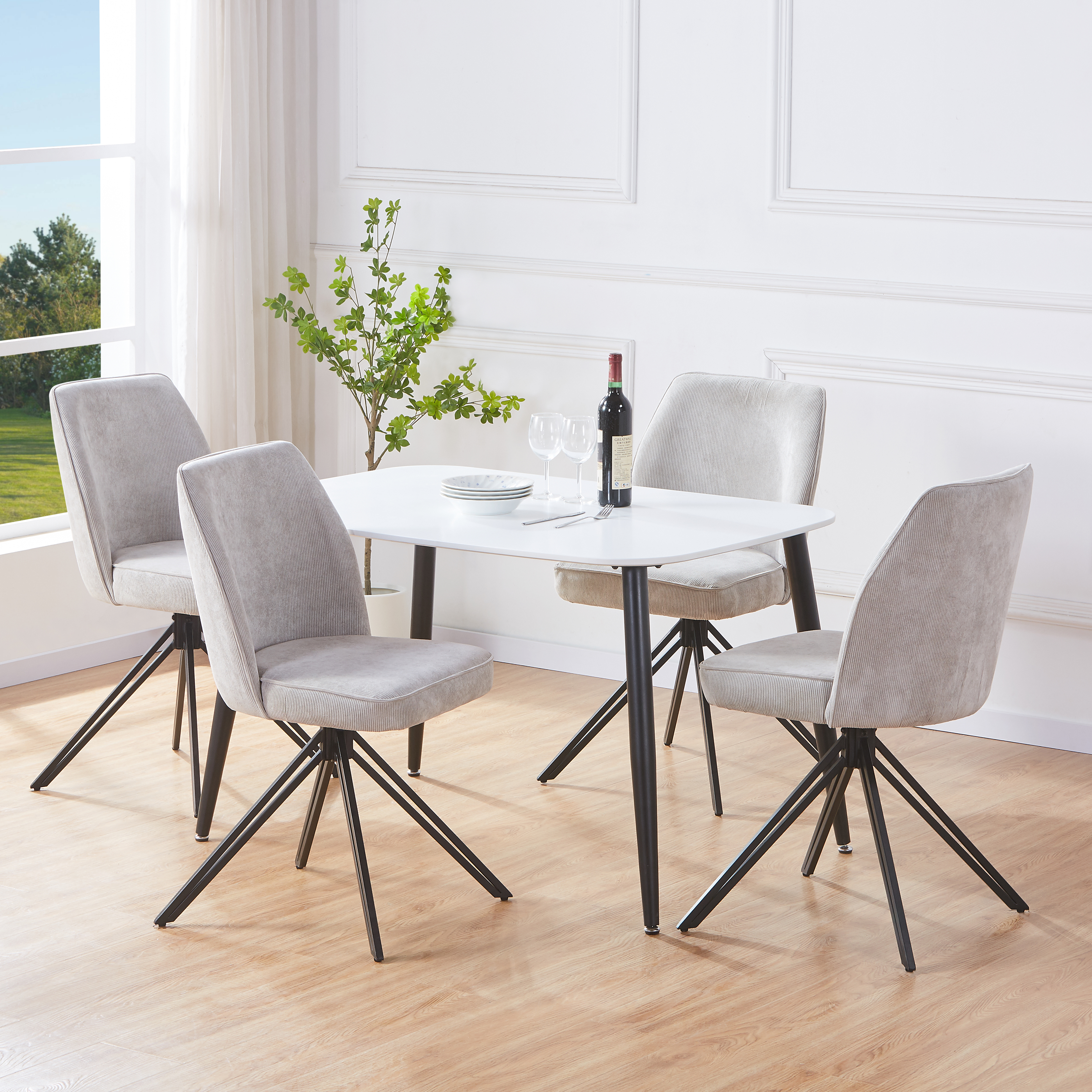 NEXO Rectangular Dining Table with 2 Swivel Fabric Chairs - White with Light Grey
