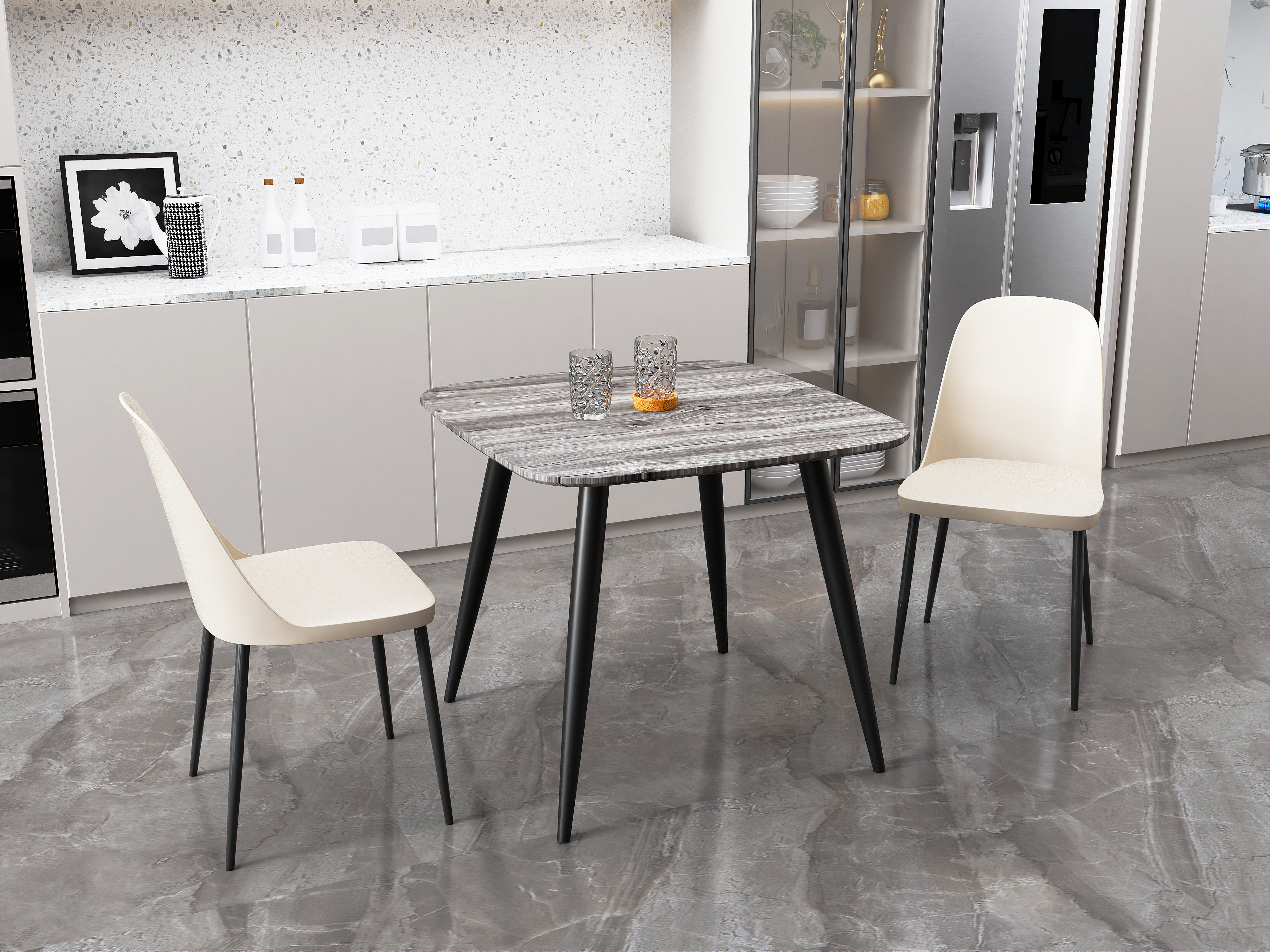 NEXO Square Dining Table with 2 Duo Plastic Chairs - Grey Oak with Calico