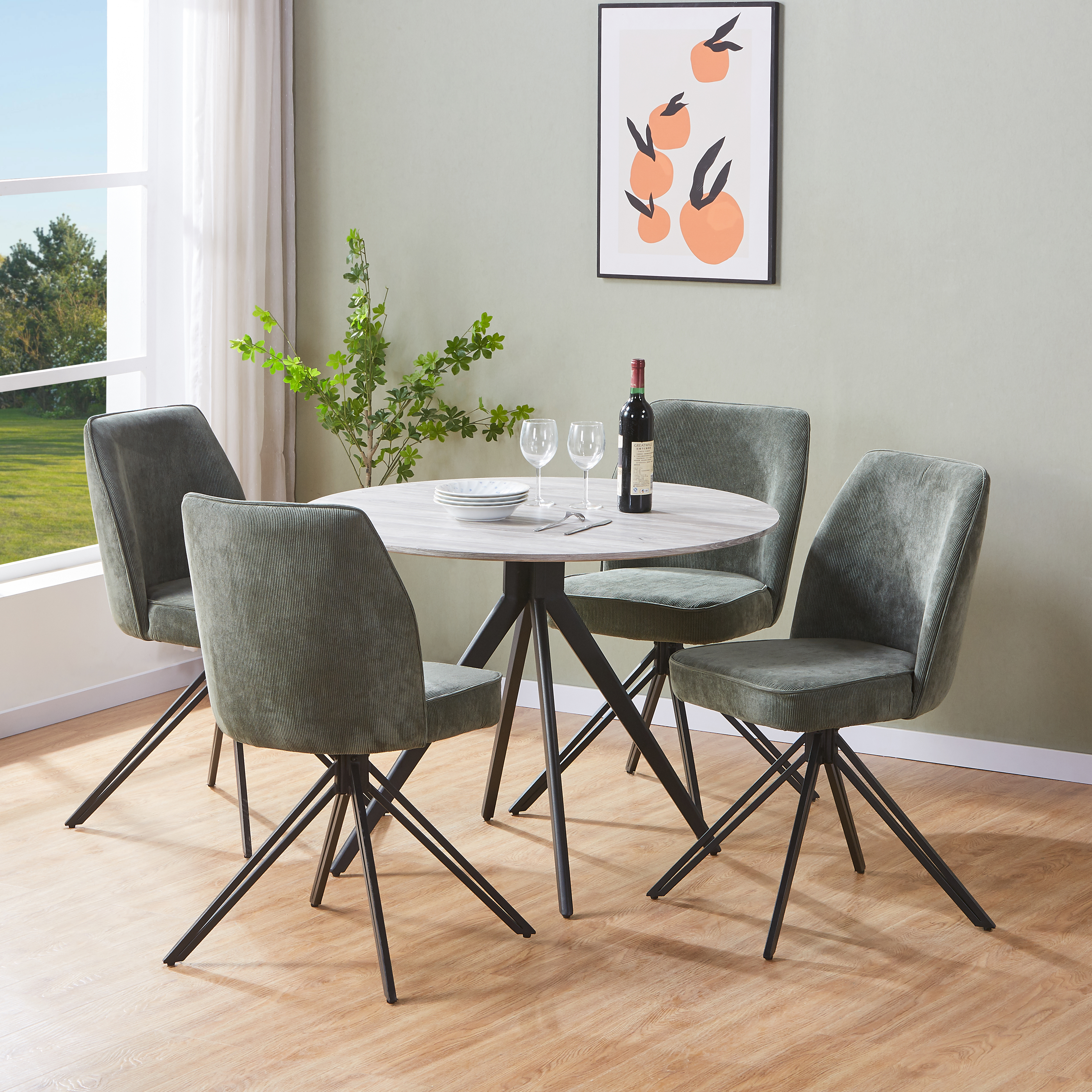 ASHES Round Wood Dining Table with 4 Swivel Fabric Chairs Set - Grey, 92cm