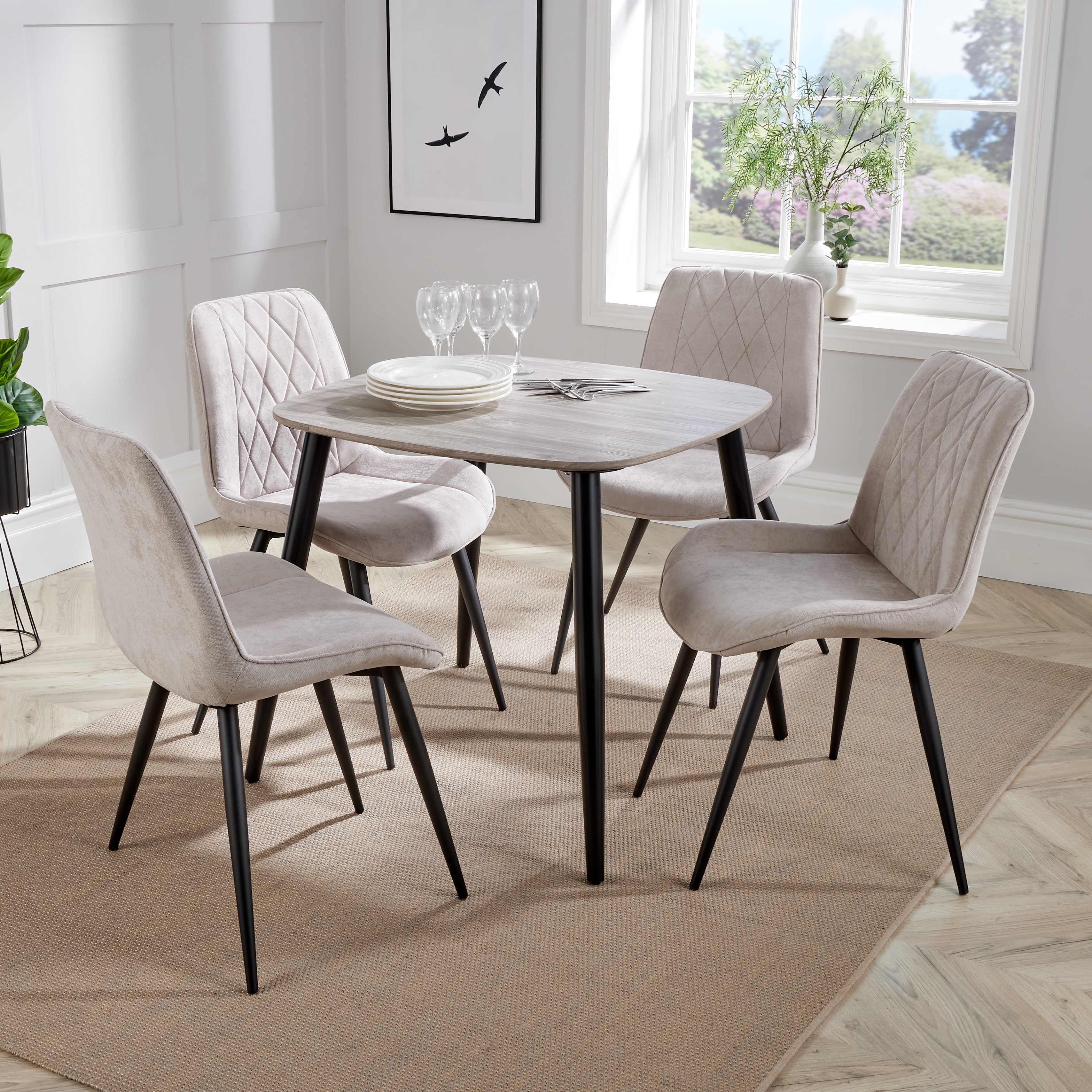 ASHES Square Wood Dining Table with 4 Fabric Chairs Set - Grey, 80cm