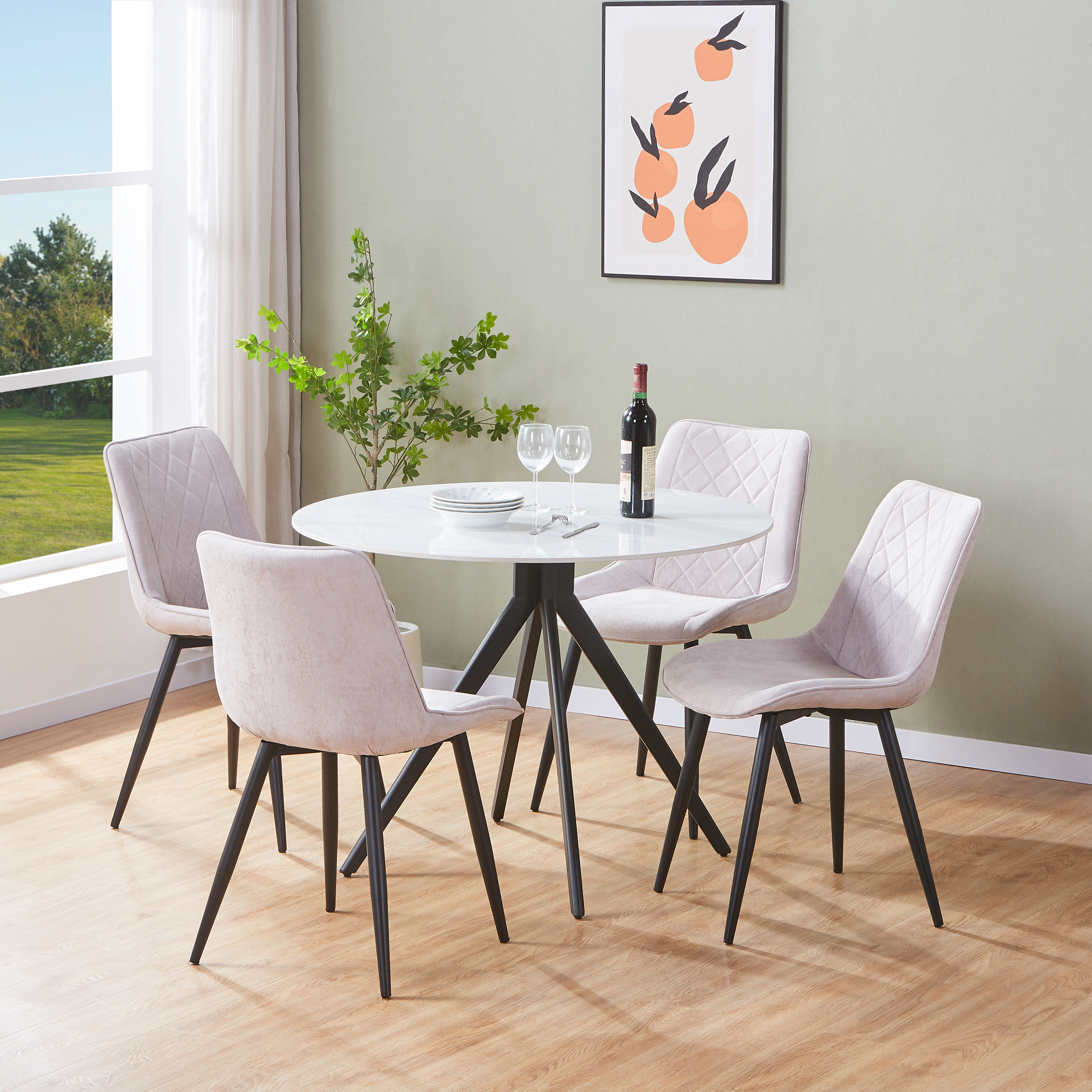 NEXO Sintered Stone Round Dining Table with 4 Diamond Stitch Fabric Chairs - Gloss White with Natural