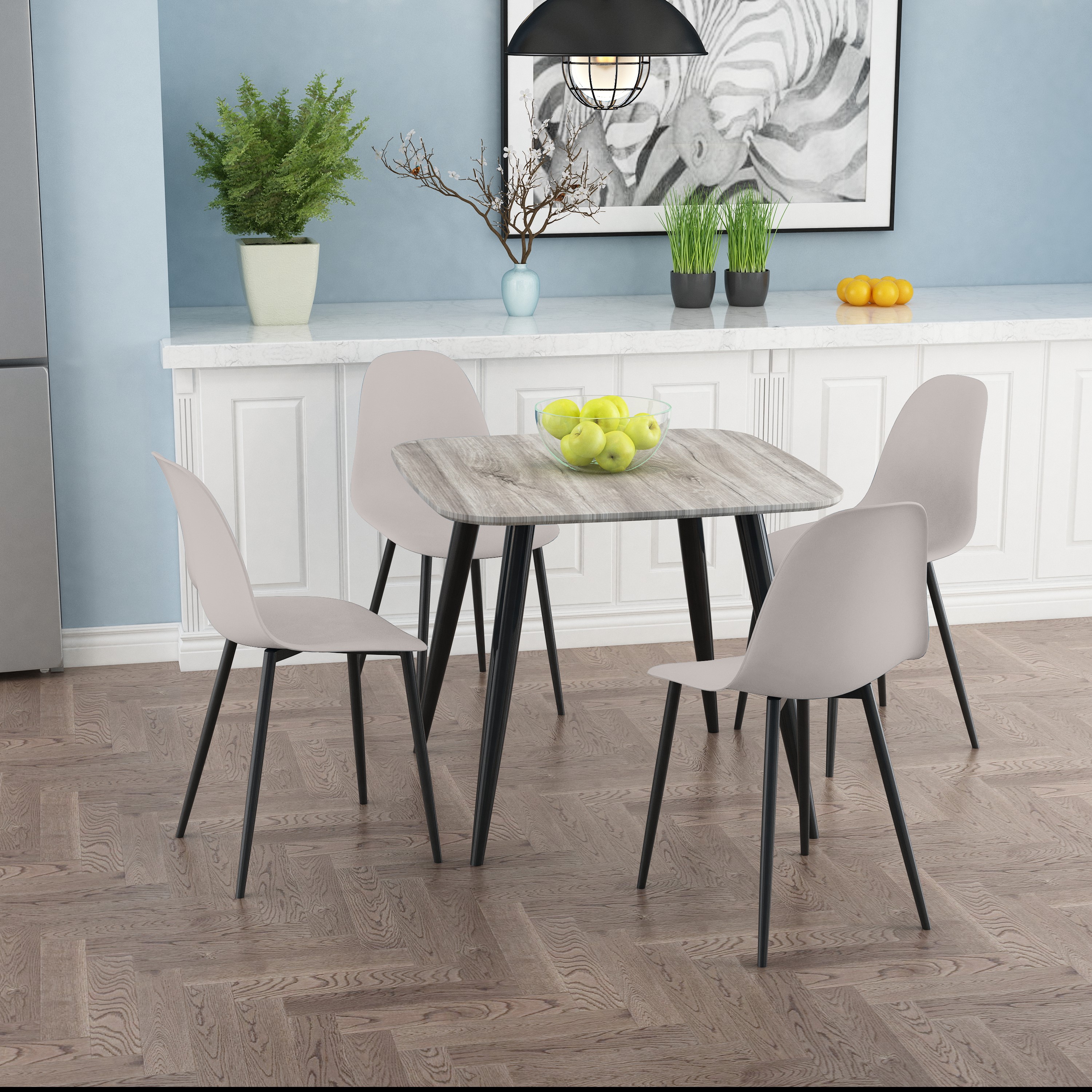 NEXO Square Dining Table with 4 Curve Plastic Chairs - Grey Oak with Calico