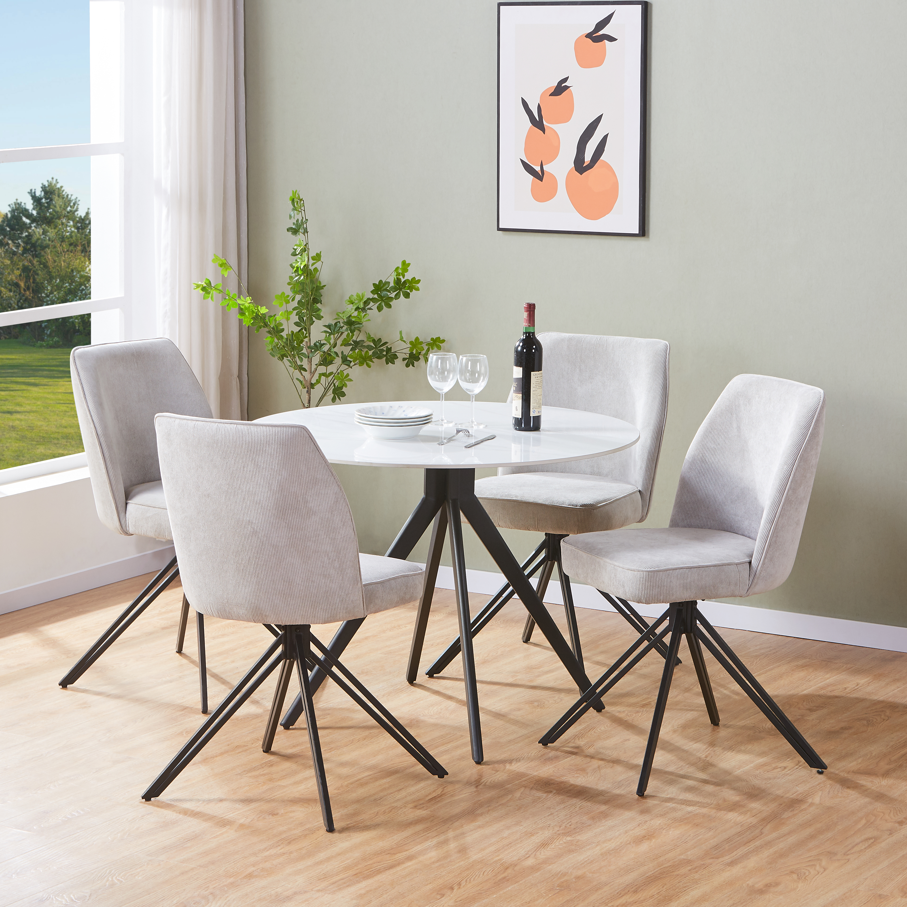 NEXO Sintered Stone Round Dining Table with 4 Swivel Fabric Chairs - Gloss White with Light Grey