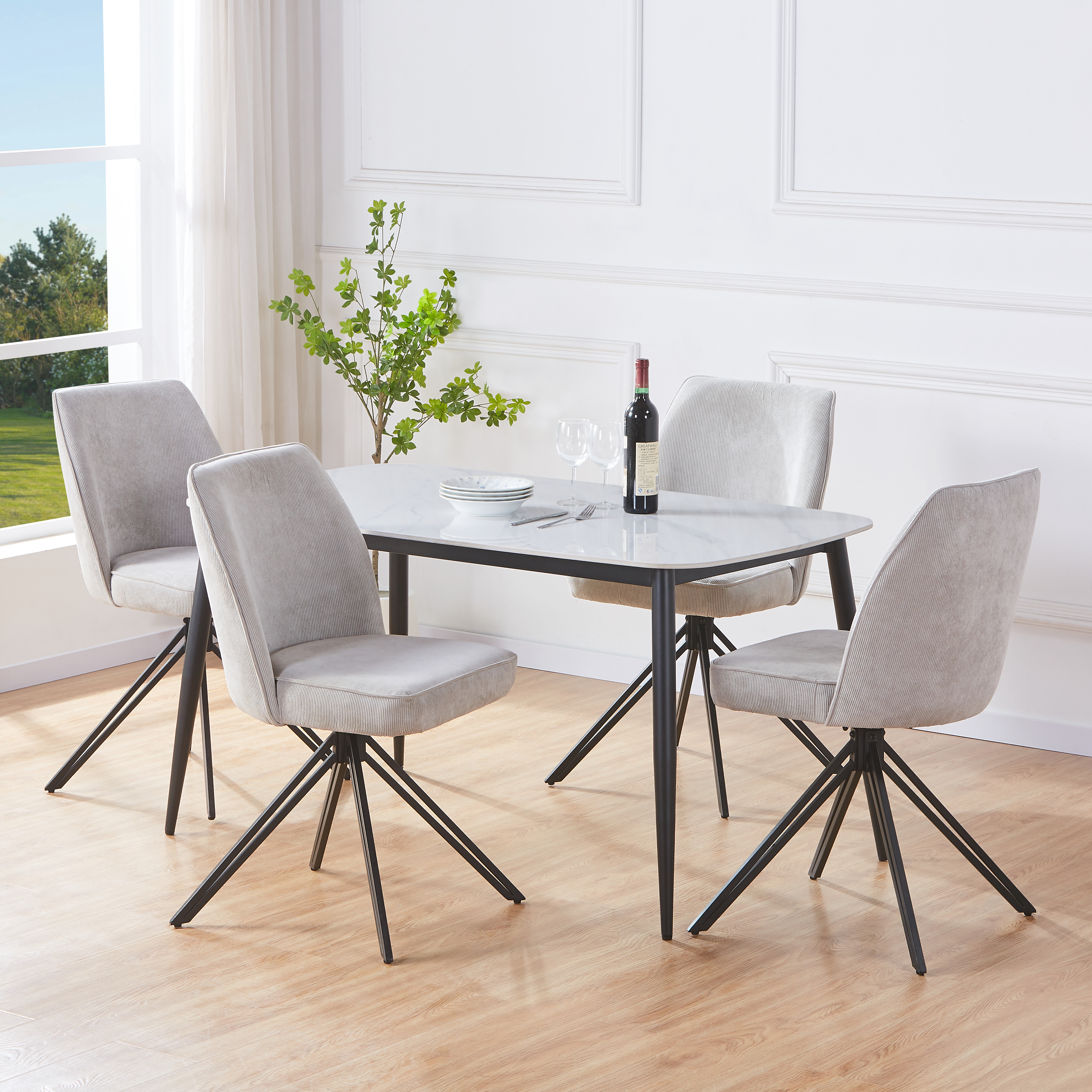 NEXO Sintered Stone Rectangular Dining Table with 4 Swivel Fabric Chairs - Gloss White with Light Grey