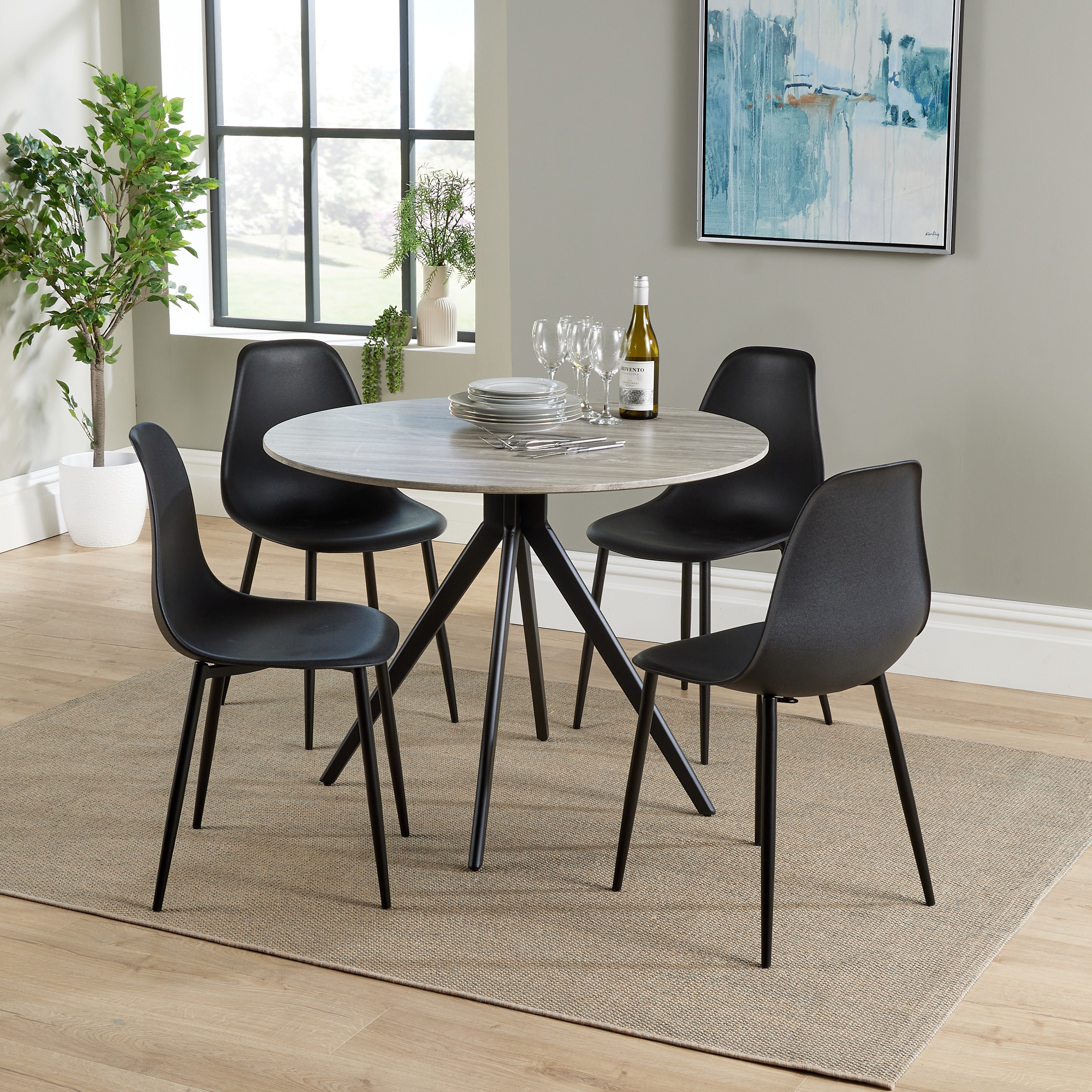 NEXO Round Dining Table with 4 Curve Plastic Chairs - Grey Oak with Black