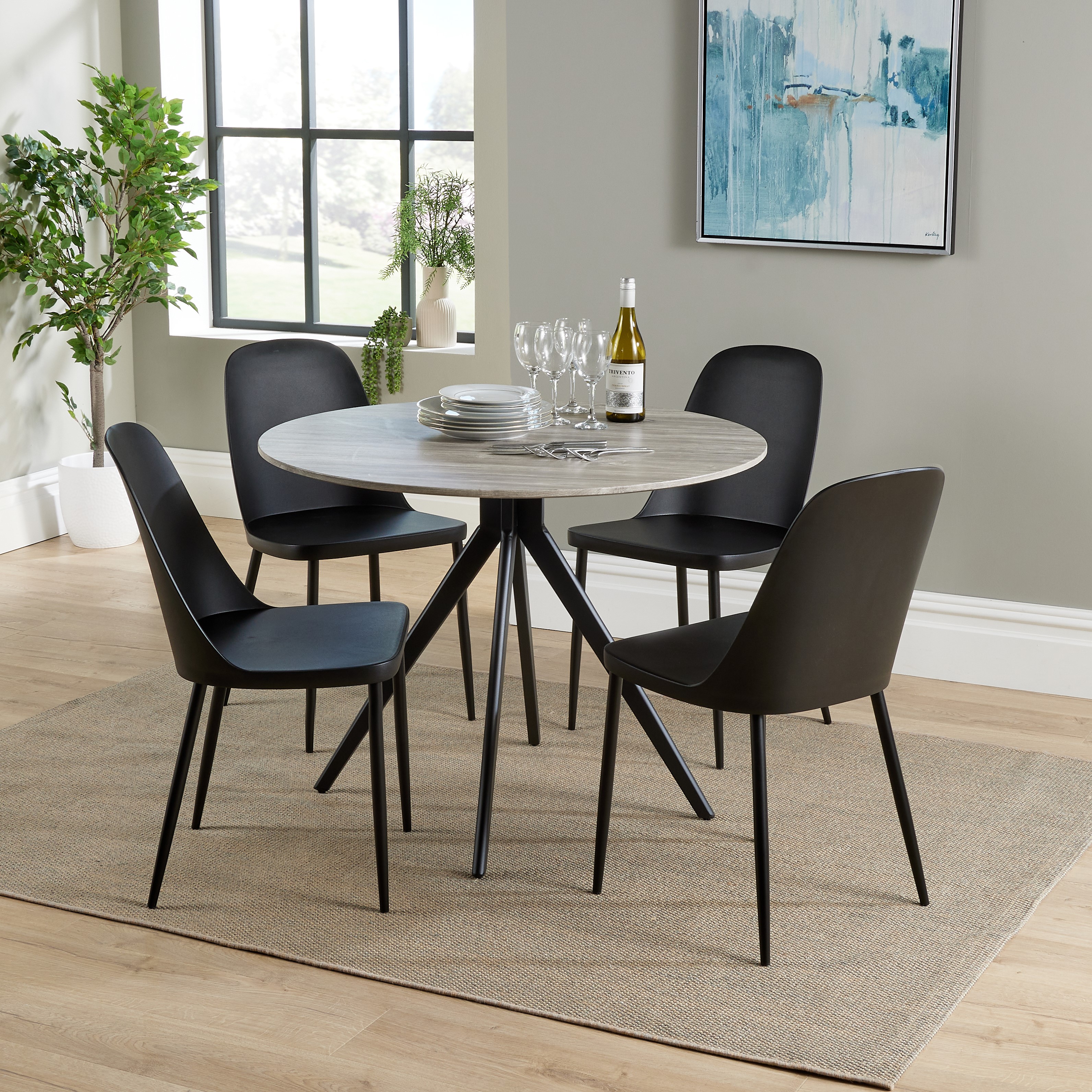 NEXO Round Dining Table with 4 Duo Plastic Chairs - Grey Oak with Black