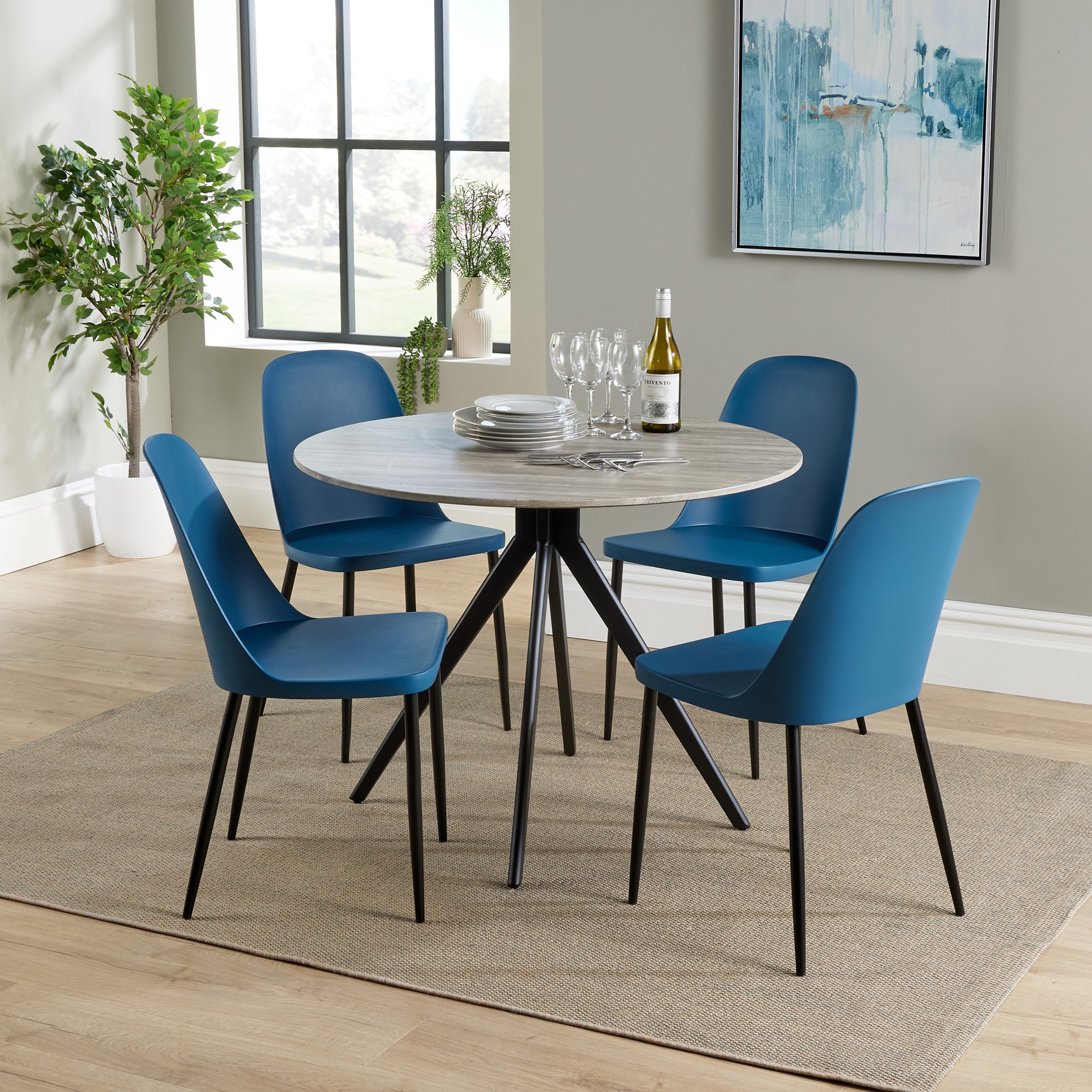 NEXO Round Dining Table with 4 Duo Plastic Chairs - Grey Oak with Blue
