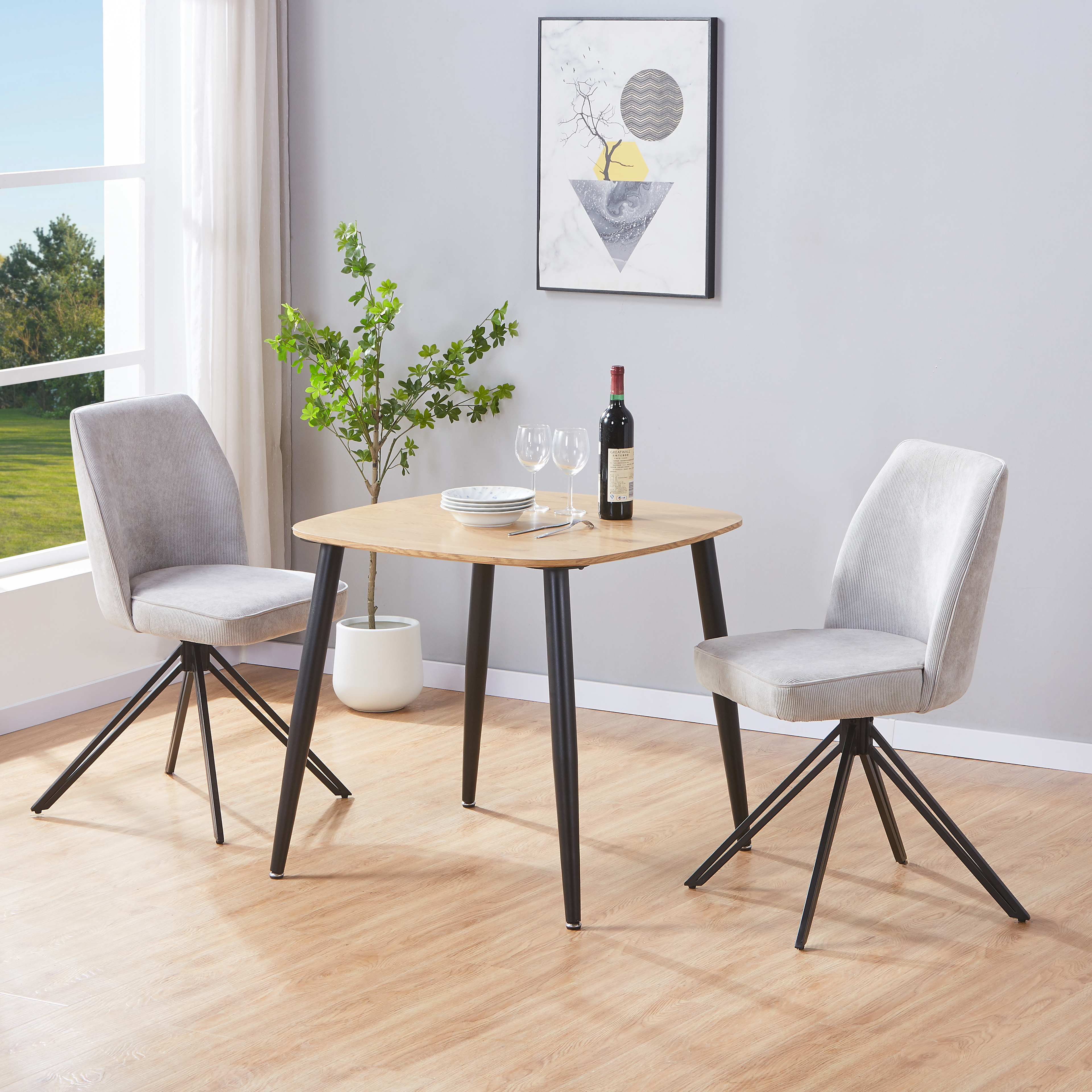 NEXO Square Dining Table with 2 Swivel Fabric Chairs - Light Oak with Light Grey