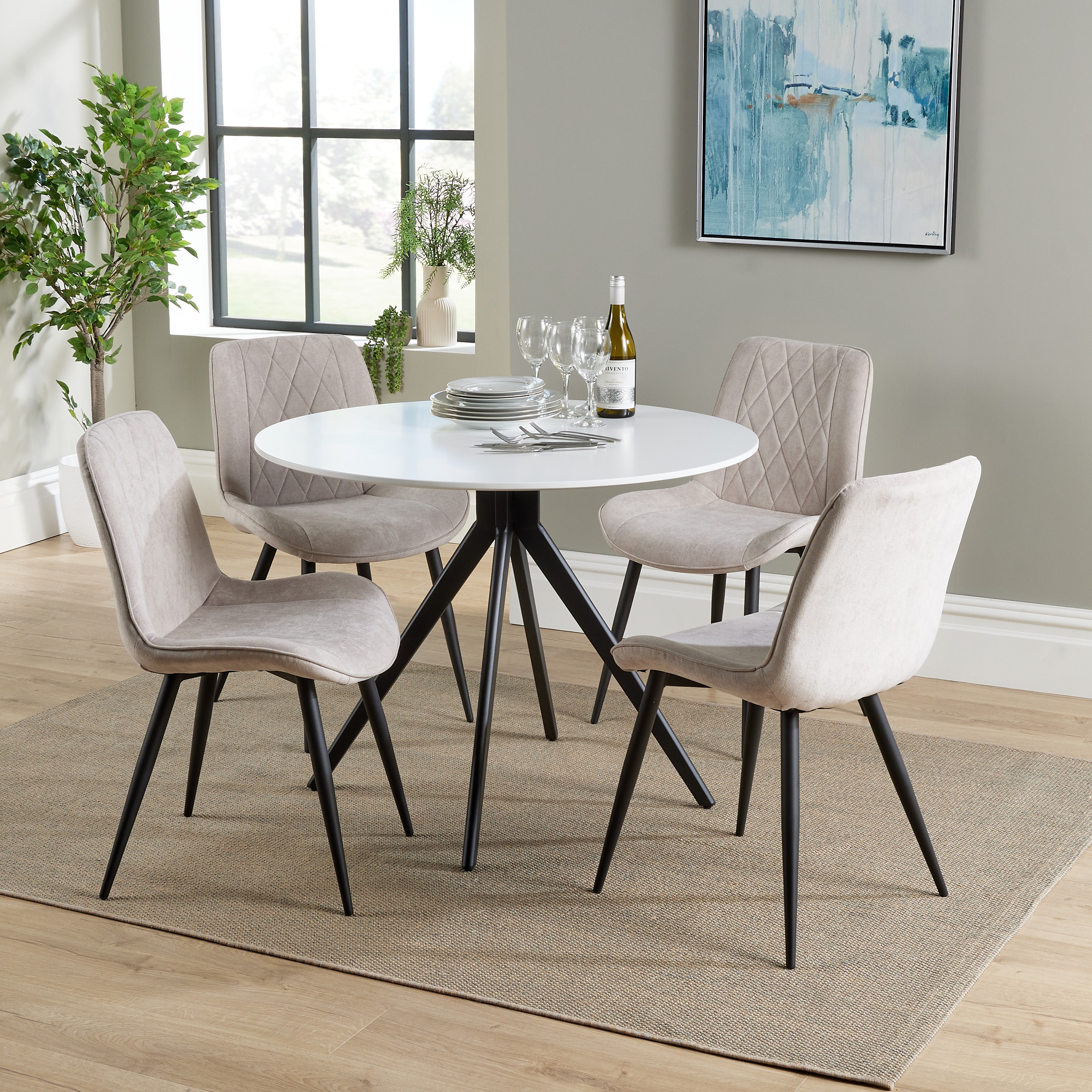 NEXO Round Dining Table with 4 Diamond Stitch Fabric Chairs - White with Natural