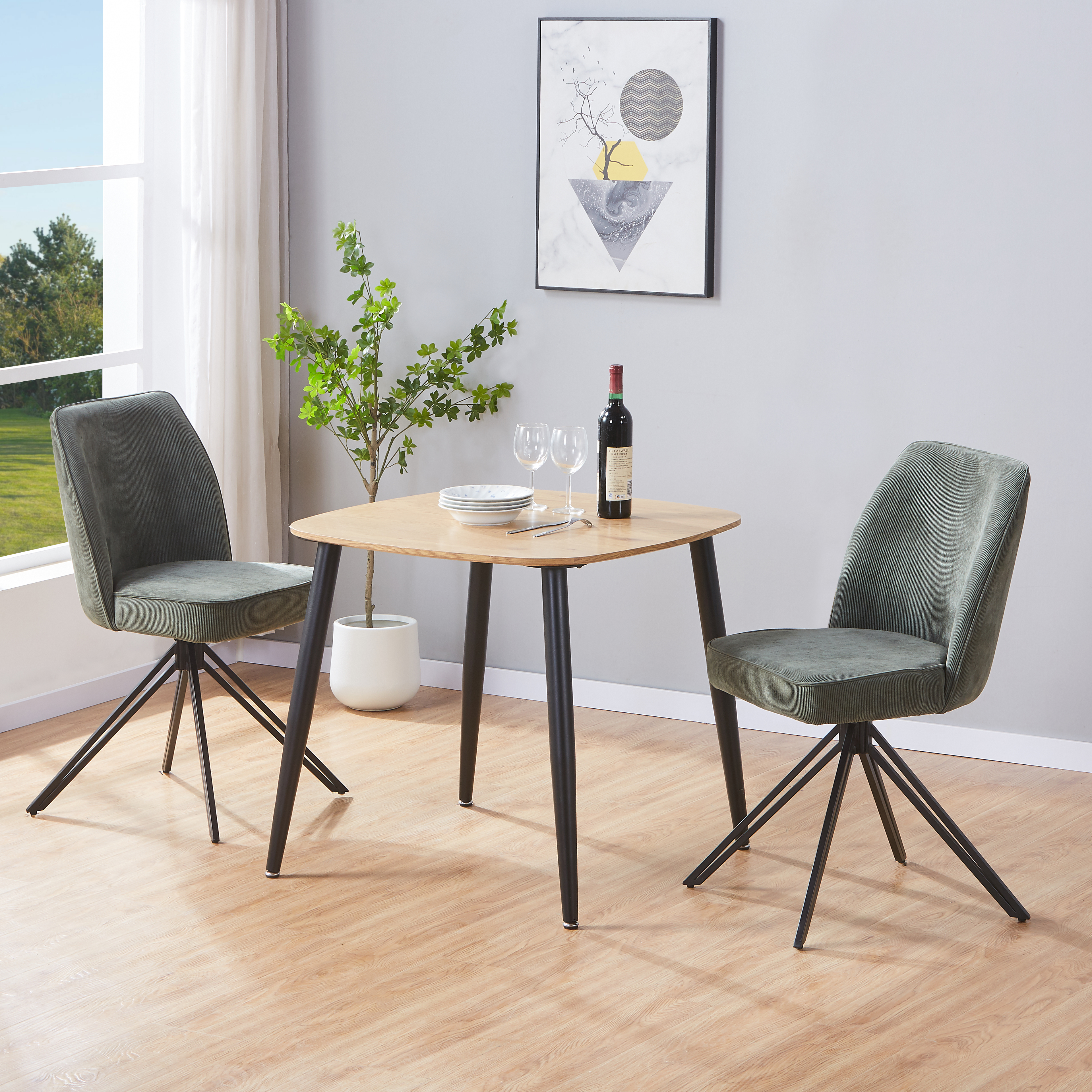 NEXO Square Dining Table with 2 Swivel Fabric Chairs - Light Oak with Green