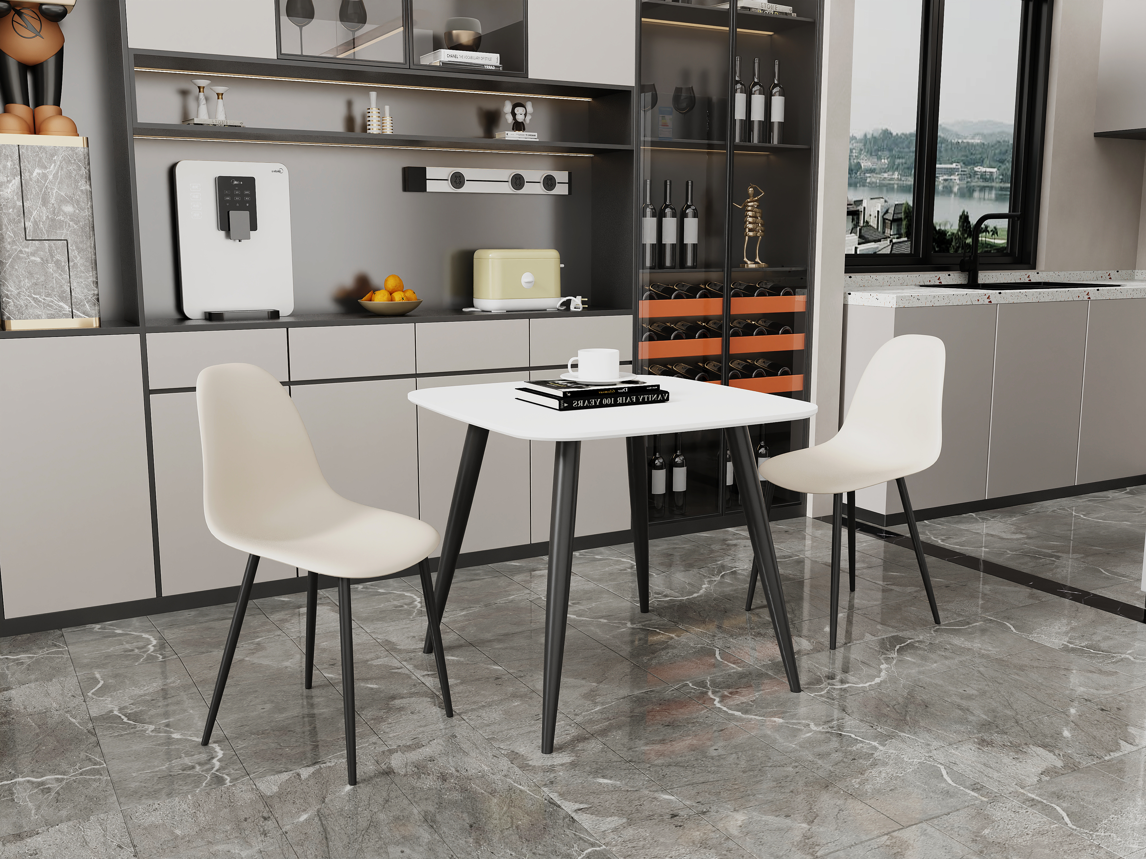 NEXO Square Dining Table with 2 Curve Plastic Chairs - White with Calico
