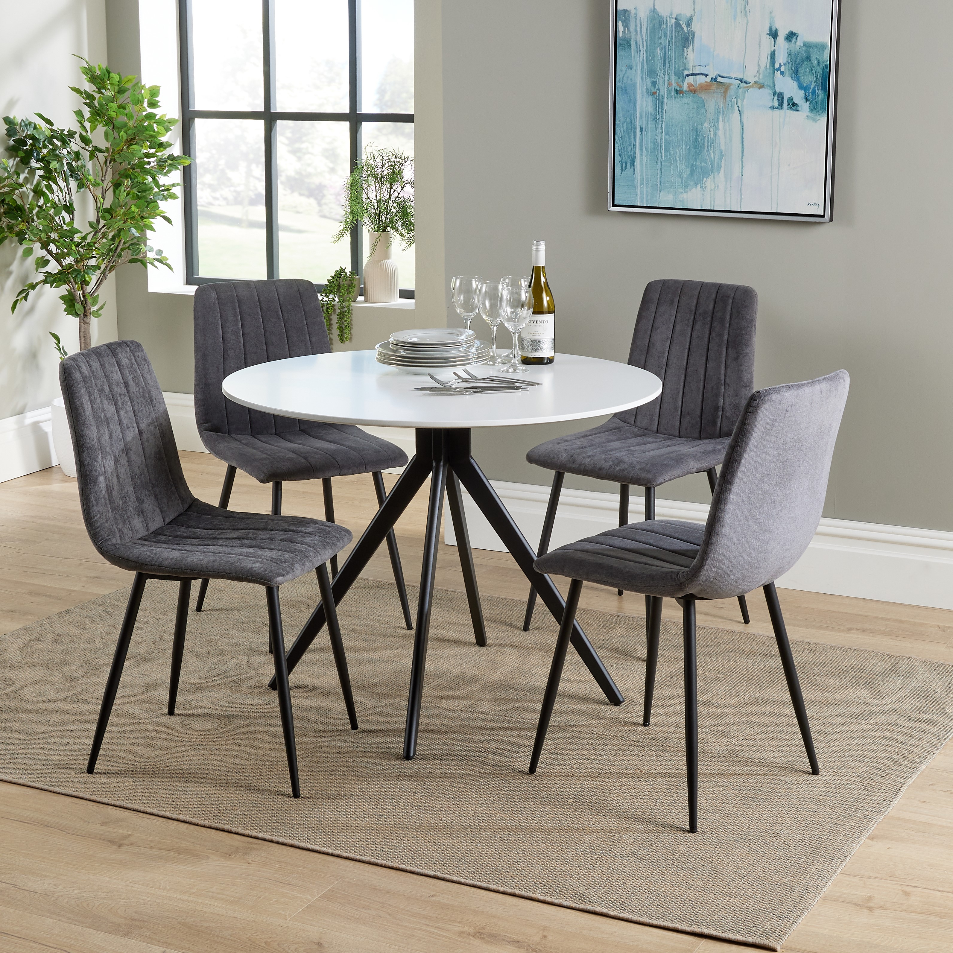 NEXO Round Dining Table with 4 Straight Stitch Fabric Chairs - White with Grey