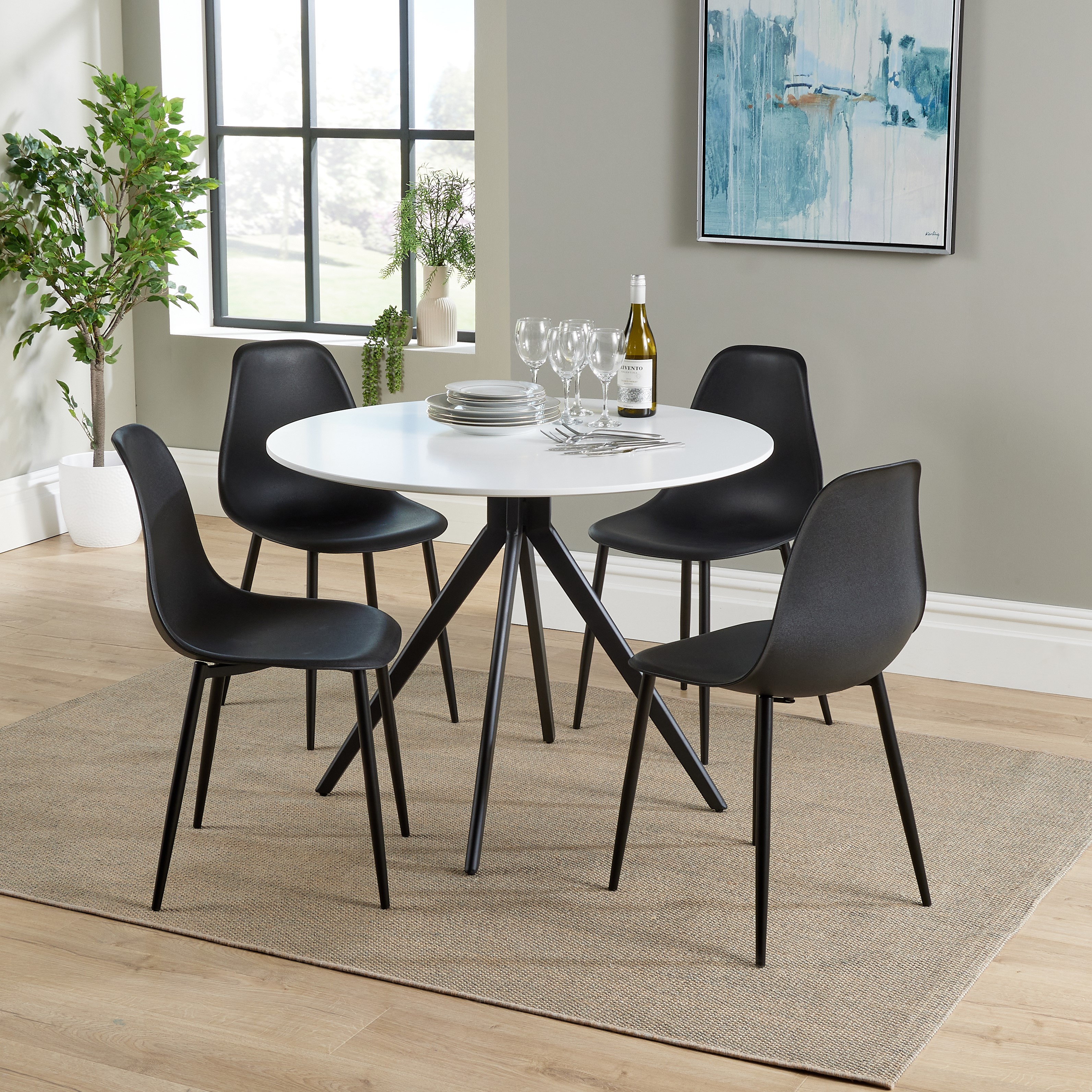 NEXO Round Dining Table with 4 Curve Plastic Chairs - White with Black