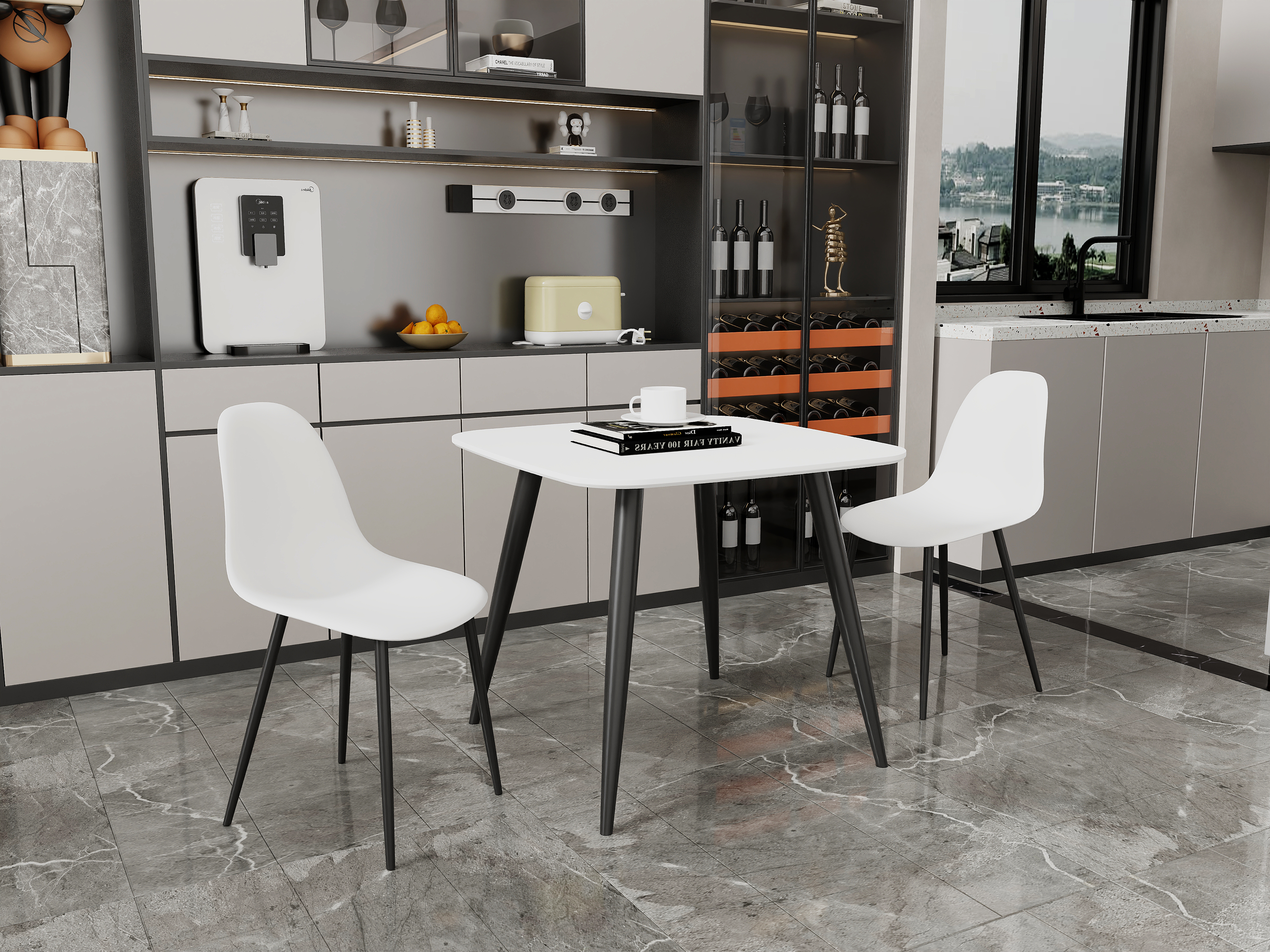 NEXO Square Dining Table with 2 Curve Plastic Chairs - White with White