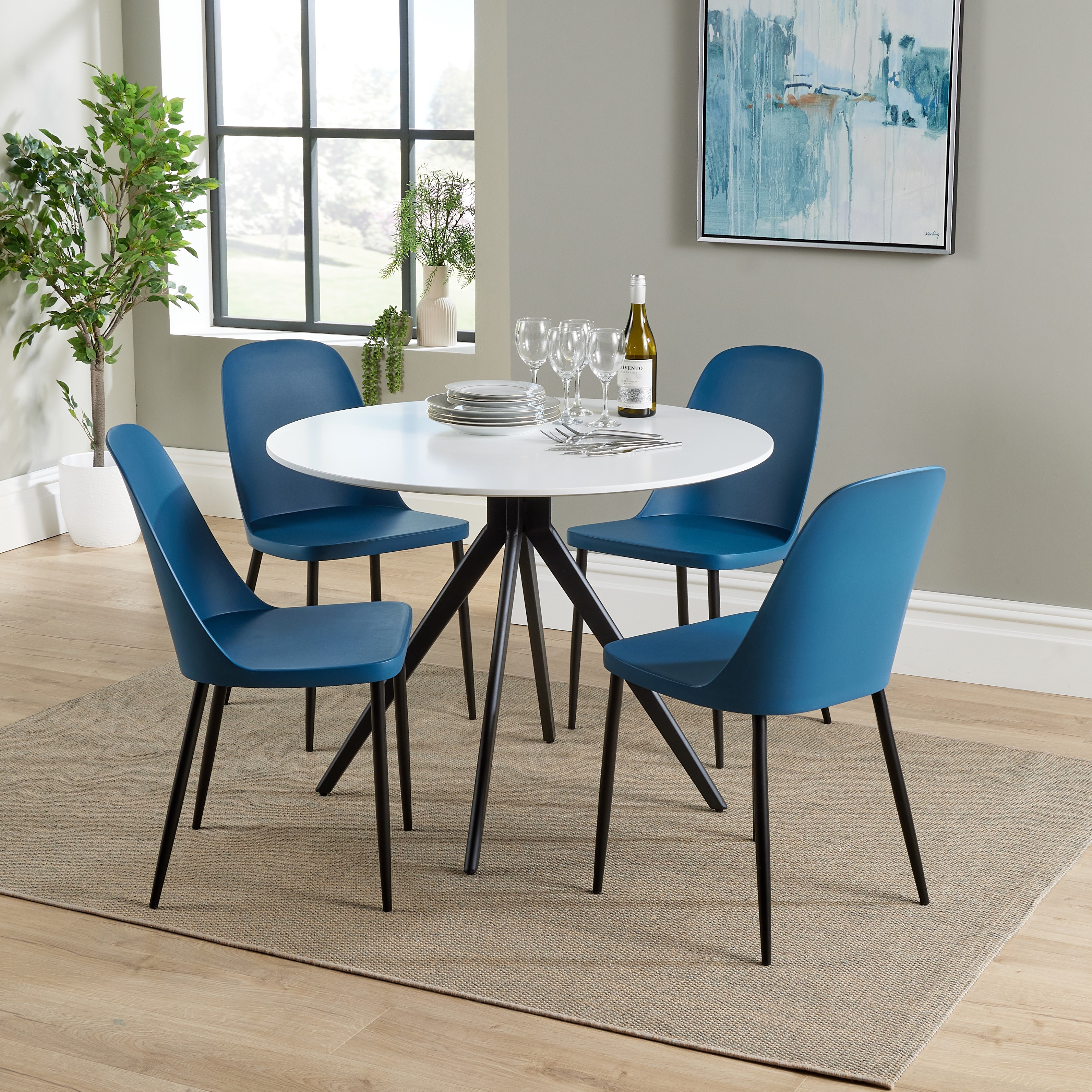NEXO Round Dining Table with 4 Duo Plastic Chairs - White with Blue