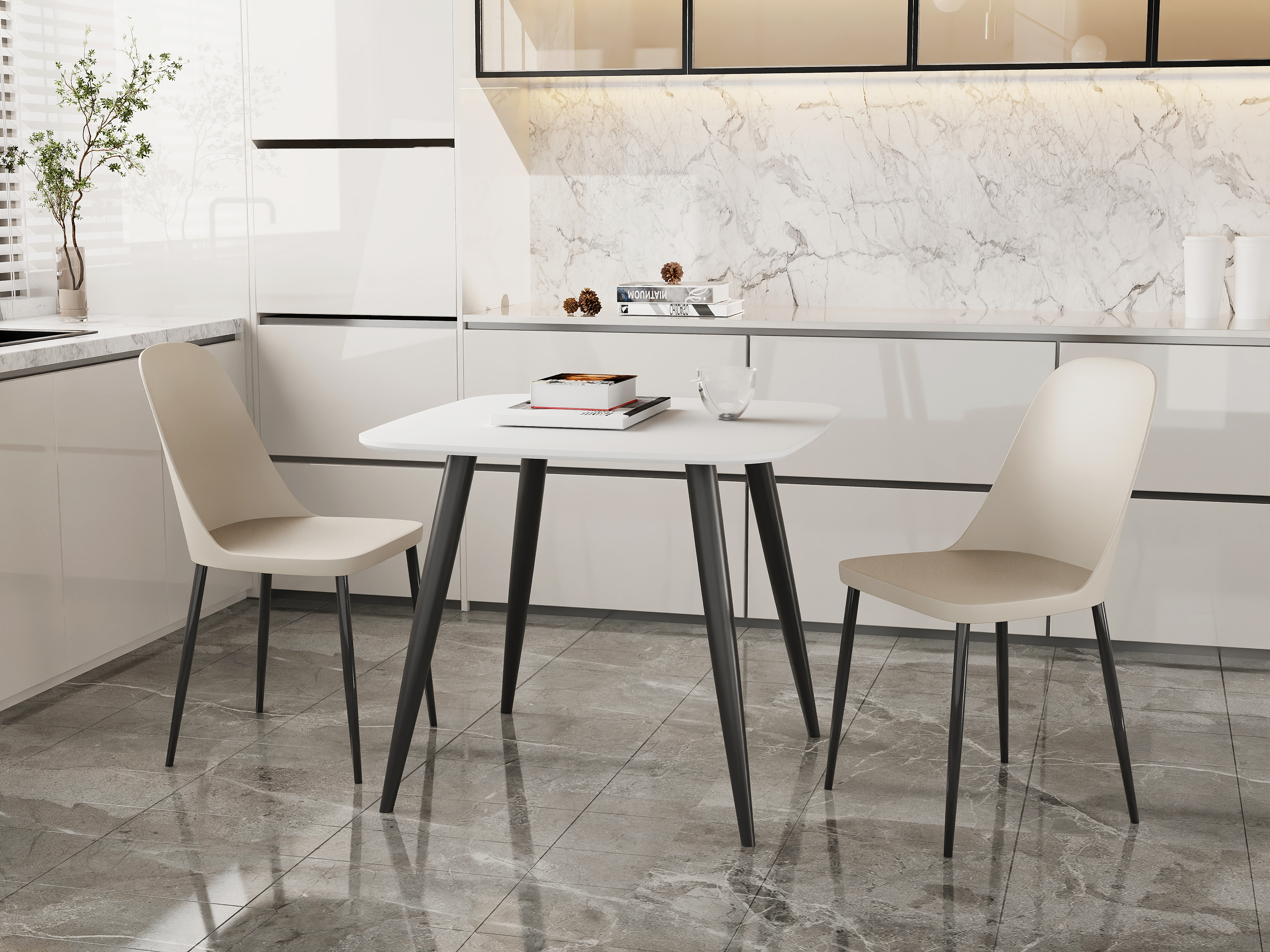 NEXO Square Dining Table with 2 Duo Plastic Chairs - White with Calico