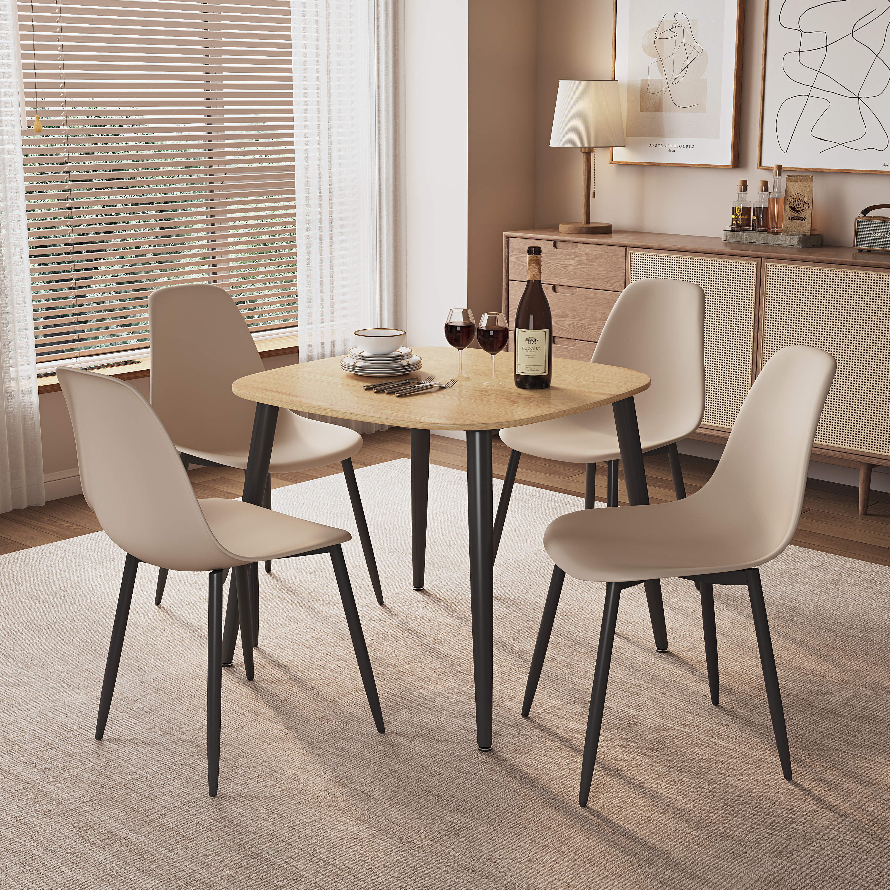 NEXO Square Dining Table with 4 Curve Plastic Chairs - Light Oak with Calico