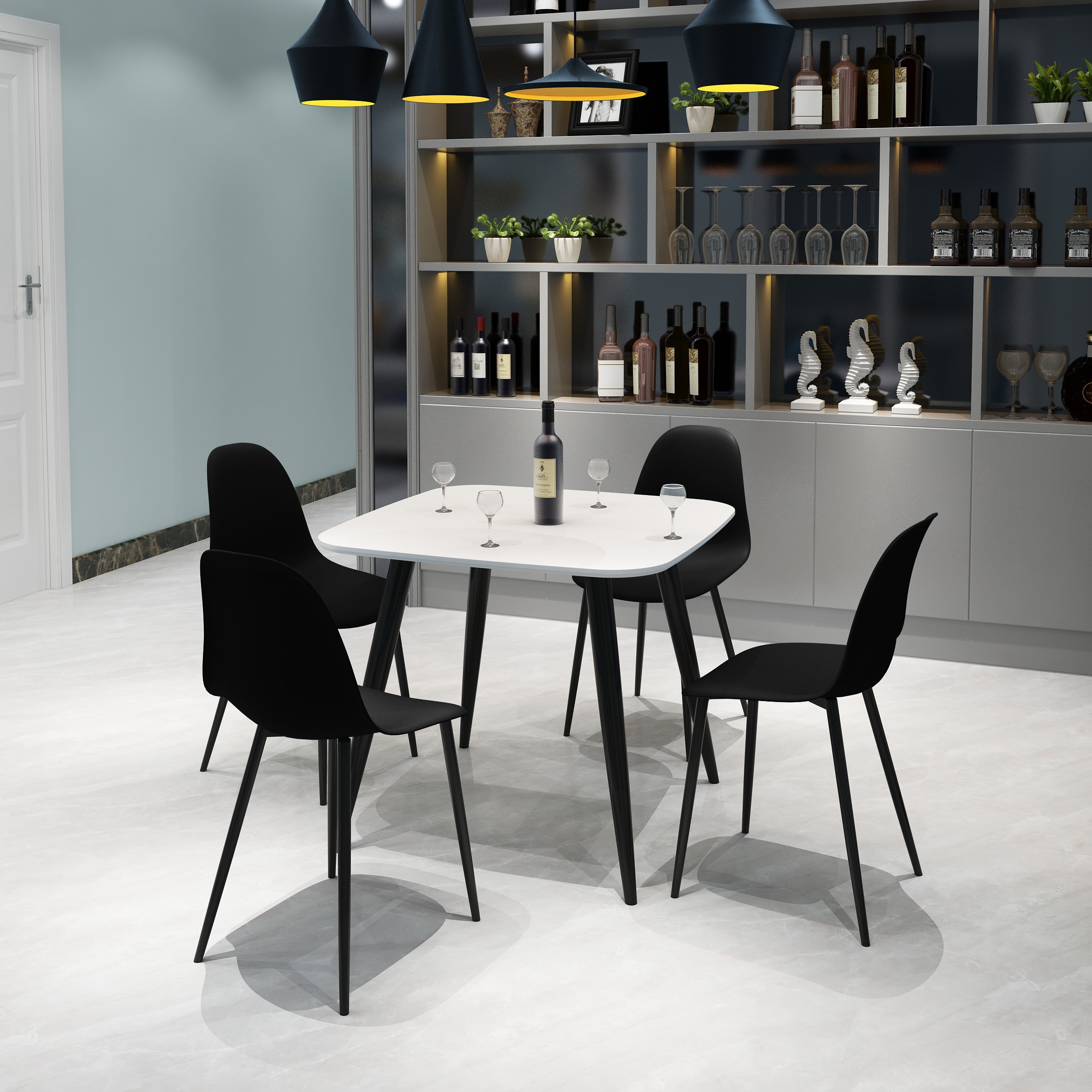 NEXO Square Dining Table with 4 Curve Plastic Chairs - White with Black