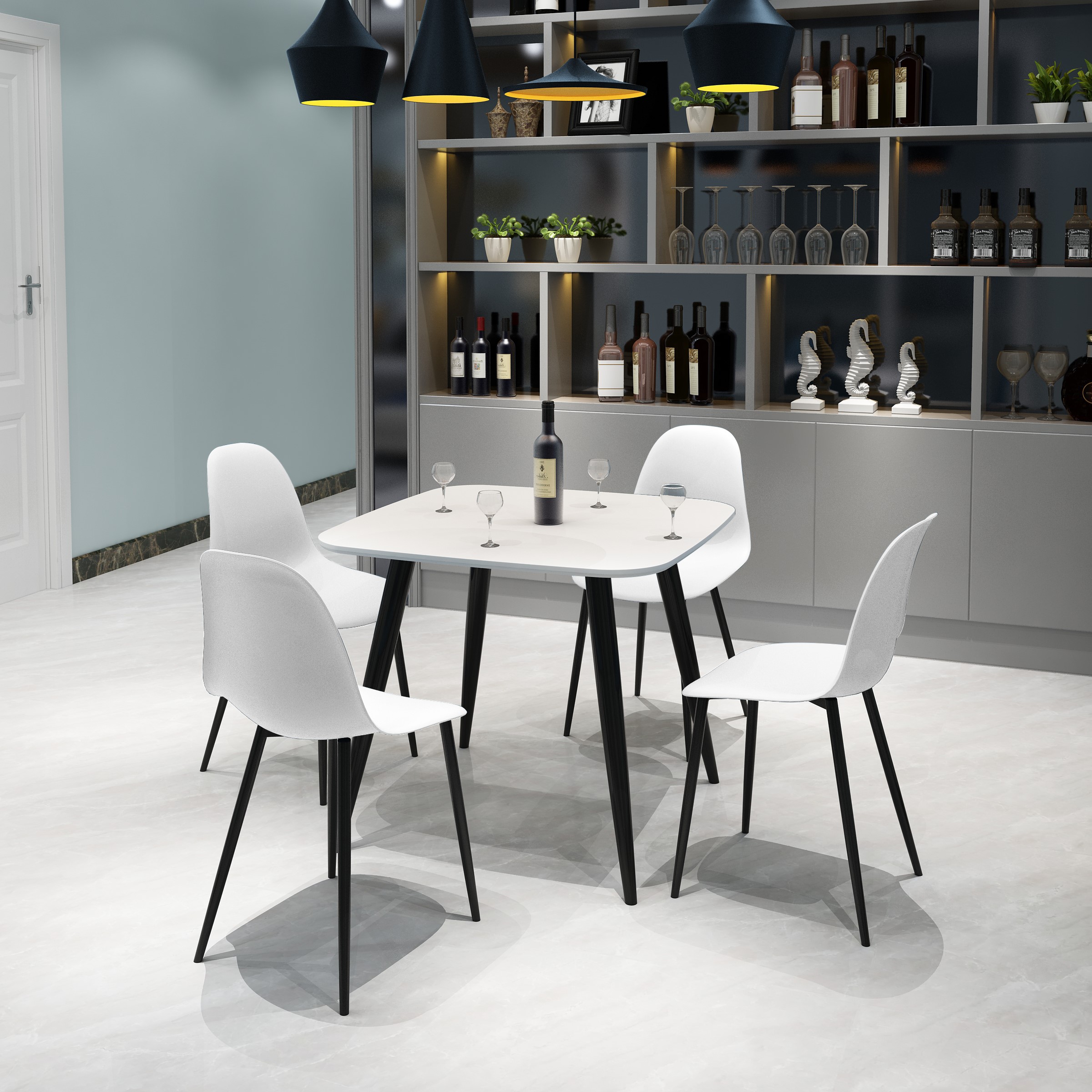 NEXO Square Dining Table with 4 Curve Plastic Chairs - White with White