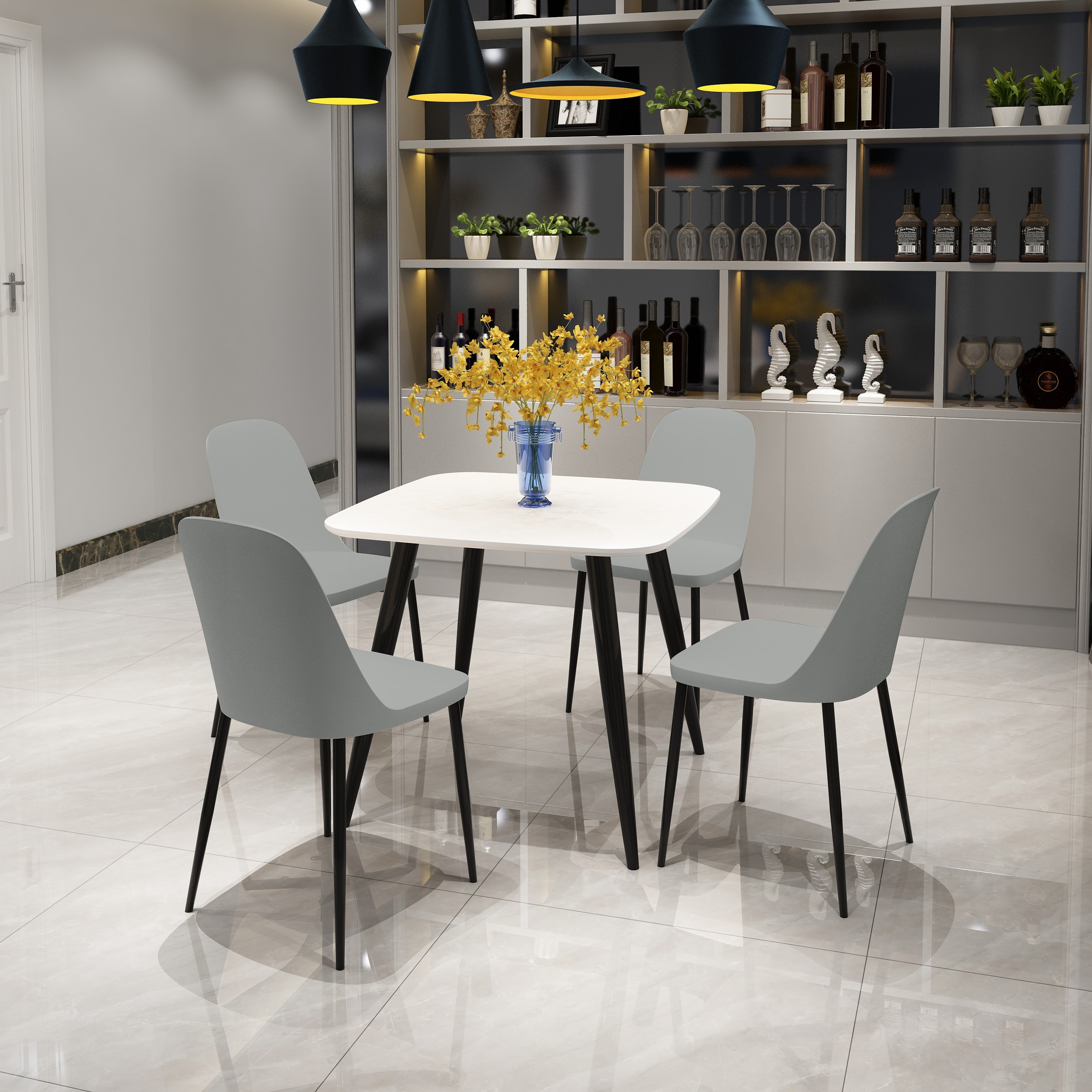 NEXO Square Dining Table with 4 Duo Plastic Chairs - White with Grey