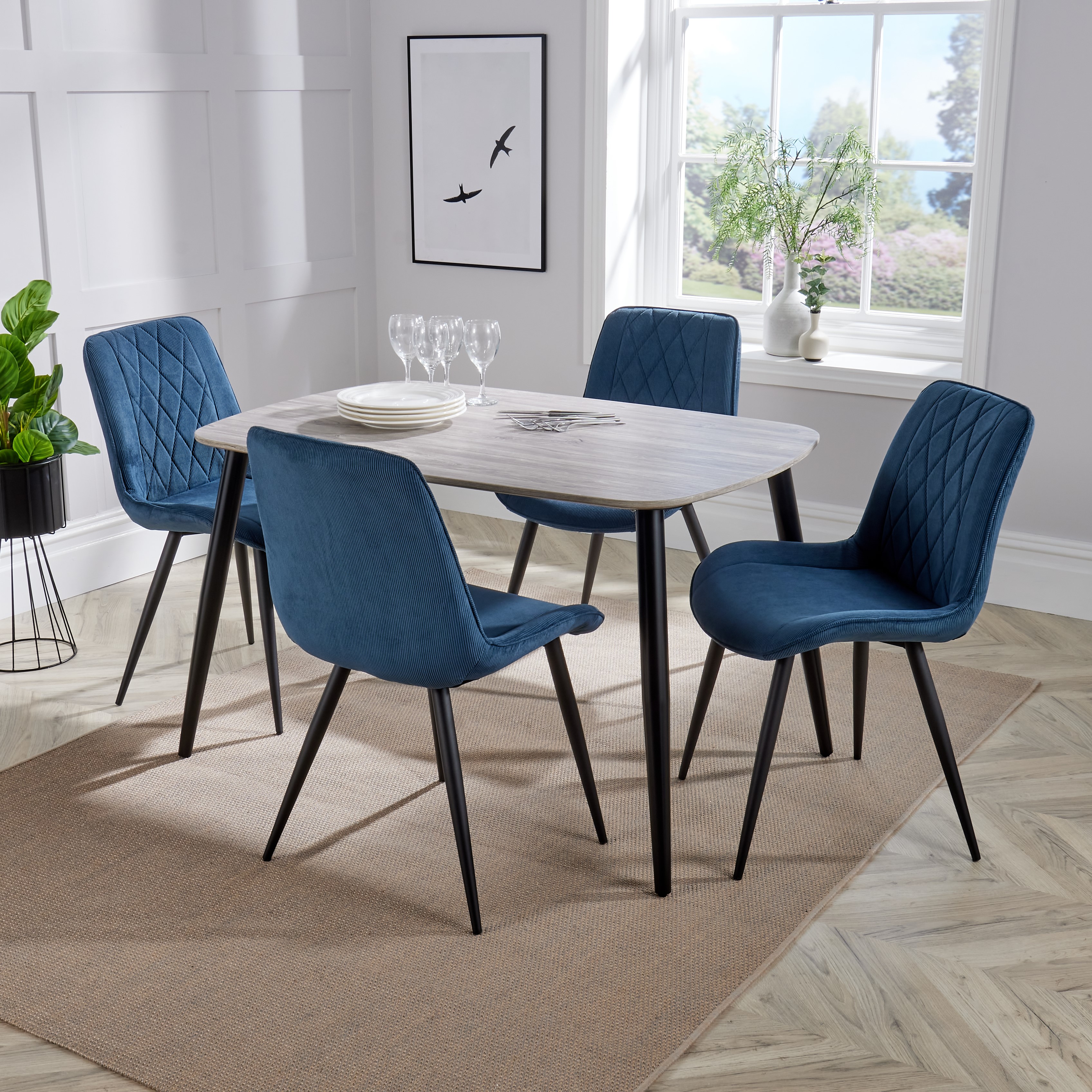 ASHES Rectangular Wood Dining Table with 4 Fabric Chairs Set - Grey, 120cm