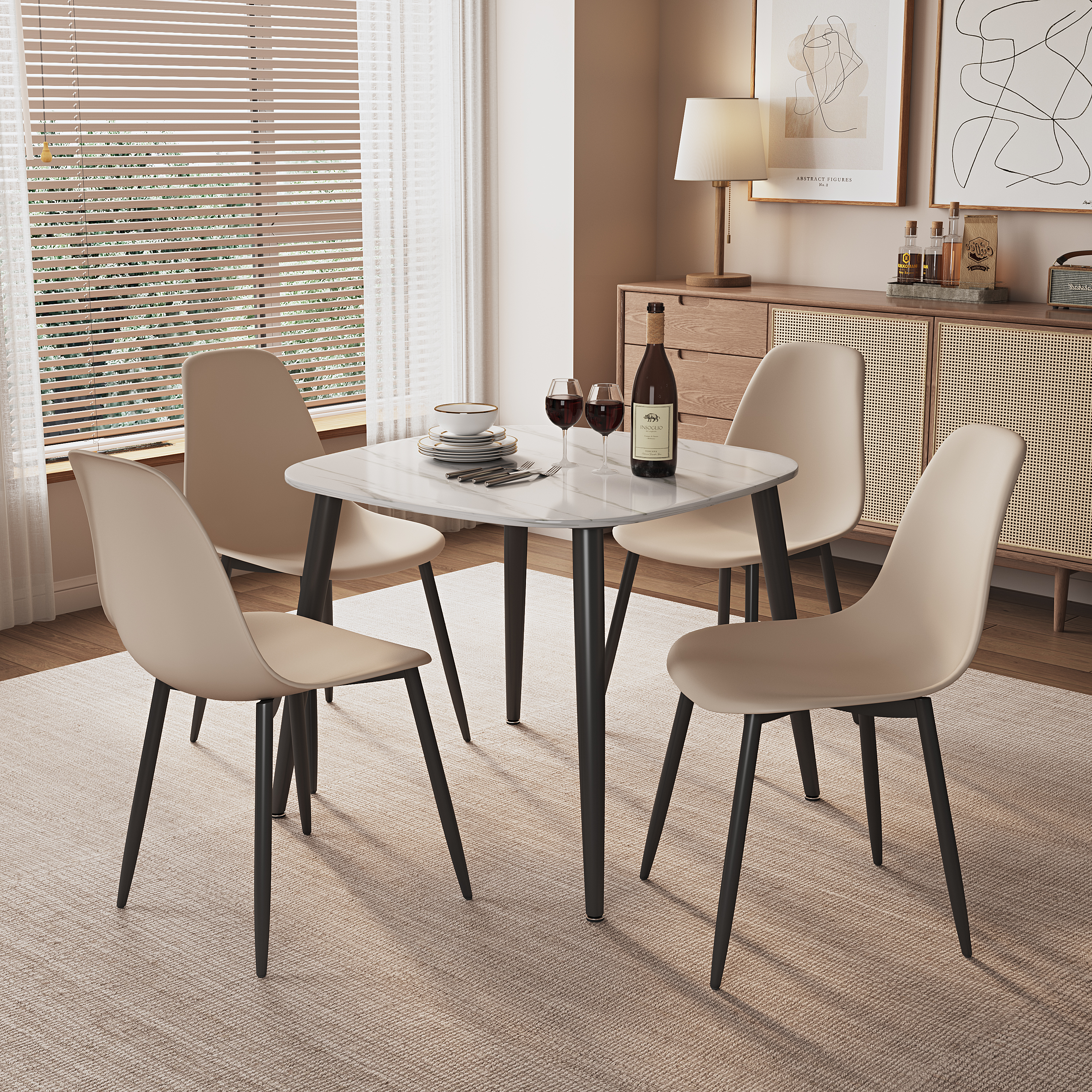 NEXO Sintered Stone Square Dining Table with 4 Curve Plastic Chairs - Gloss White with Calico