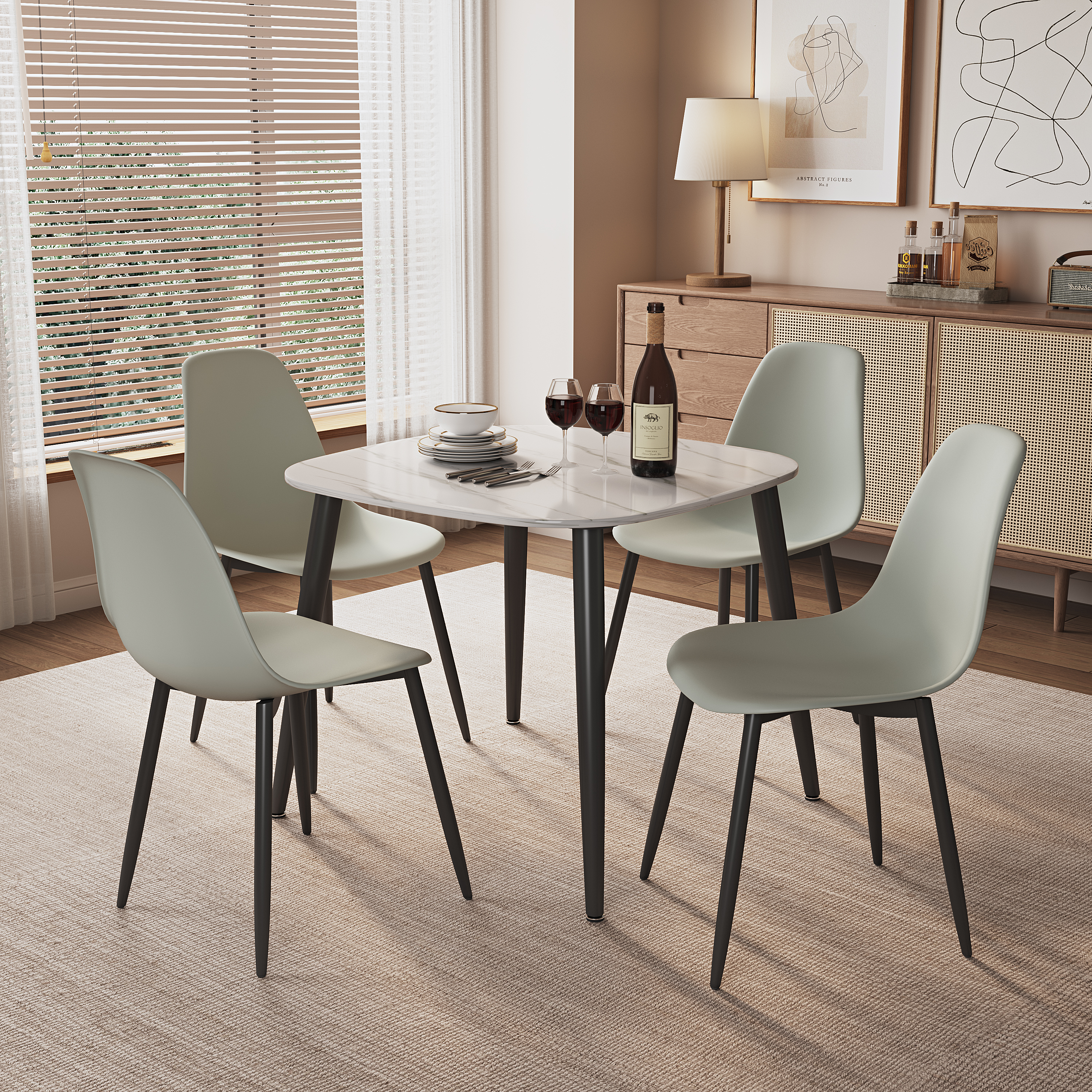 NEXO Sintered Stone Square Dining Table with 4 Chairs - Gloss White with Grey