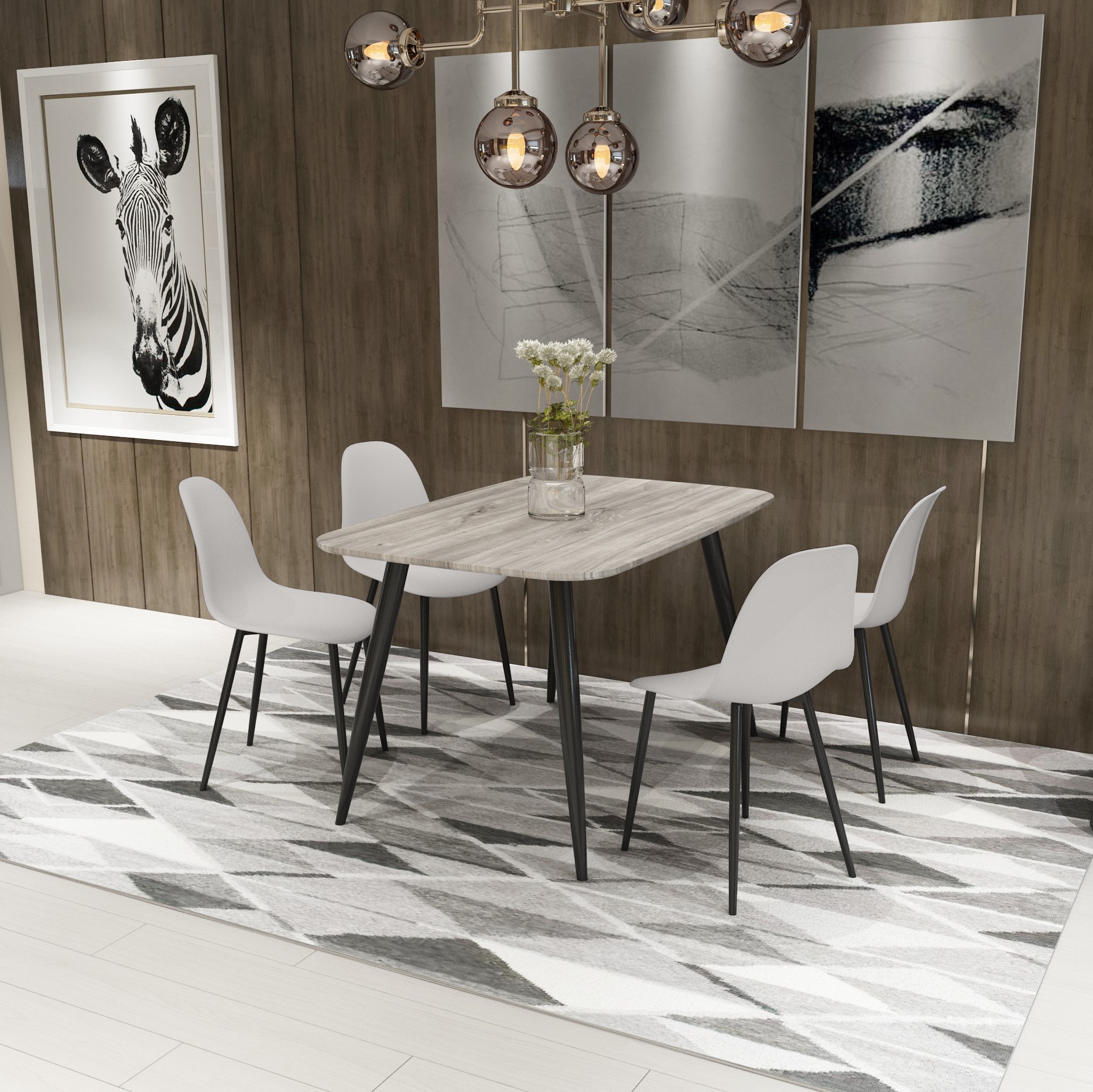NEXO Rectangular Dining Table with 4 Curve Plastic Chairs - Grey Oak with Calico