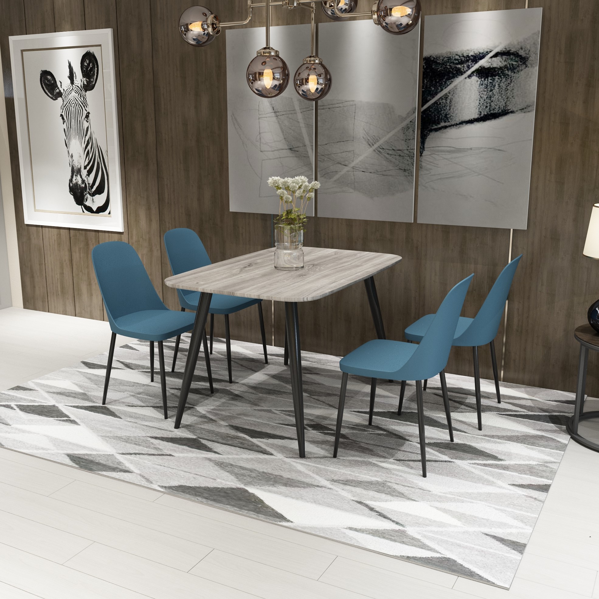 NEXO Rectangular Dining Table with 4 Duo Plastic Chairs - Grey Oak with Blue