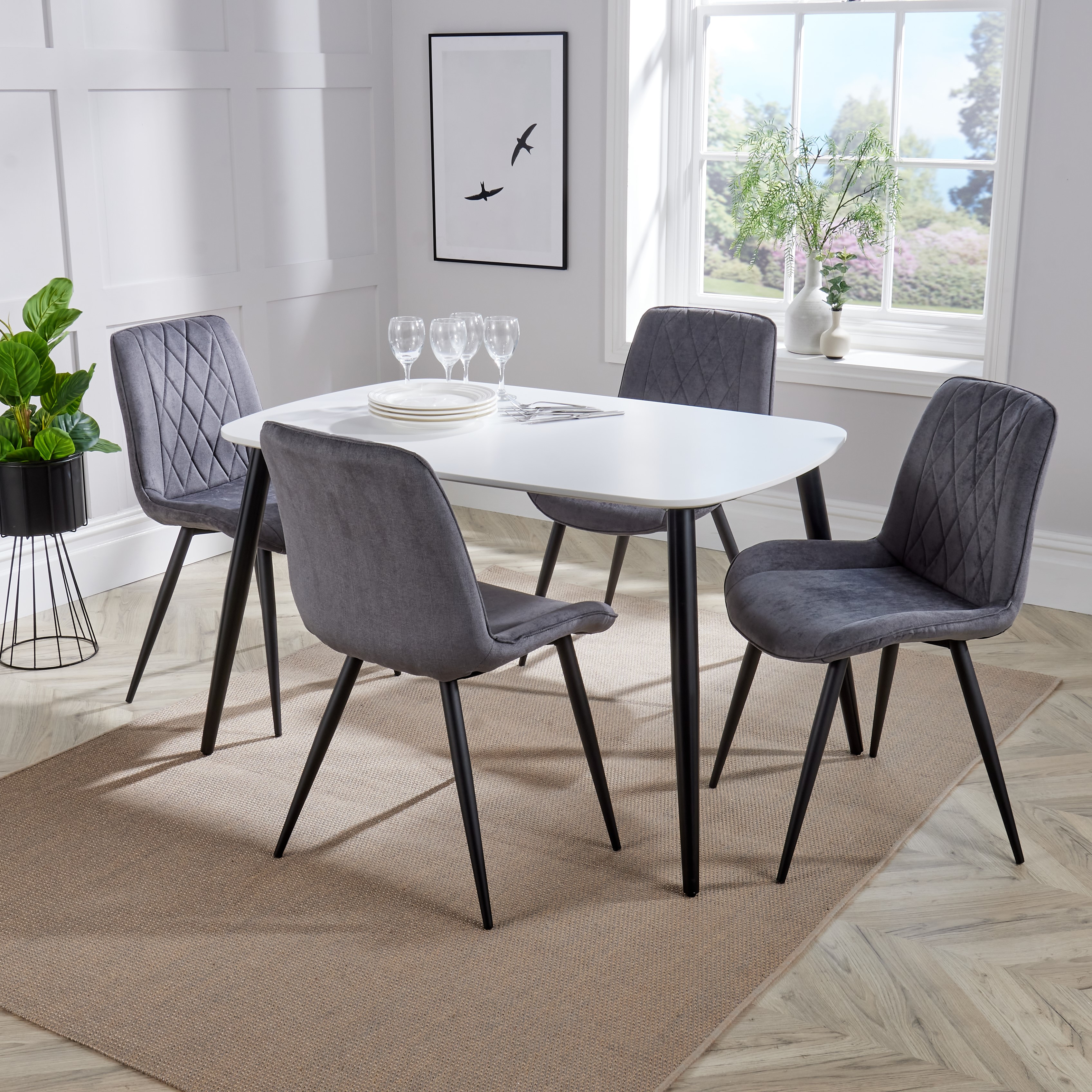ASHES Rectangular Wood Dining Table with 4 Fabric Chairs Set - White, 85.5cm