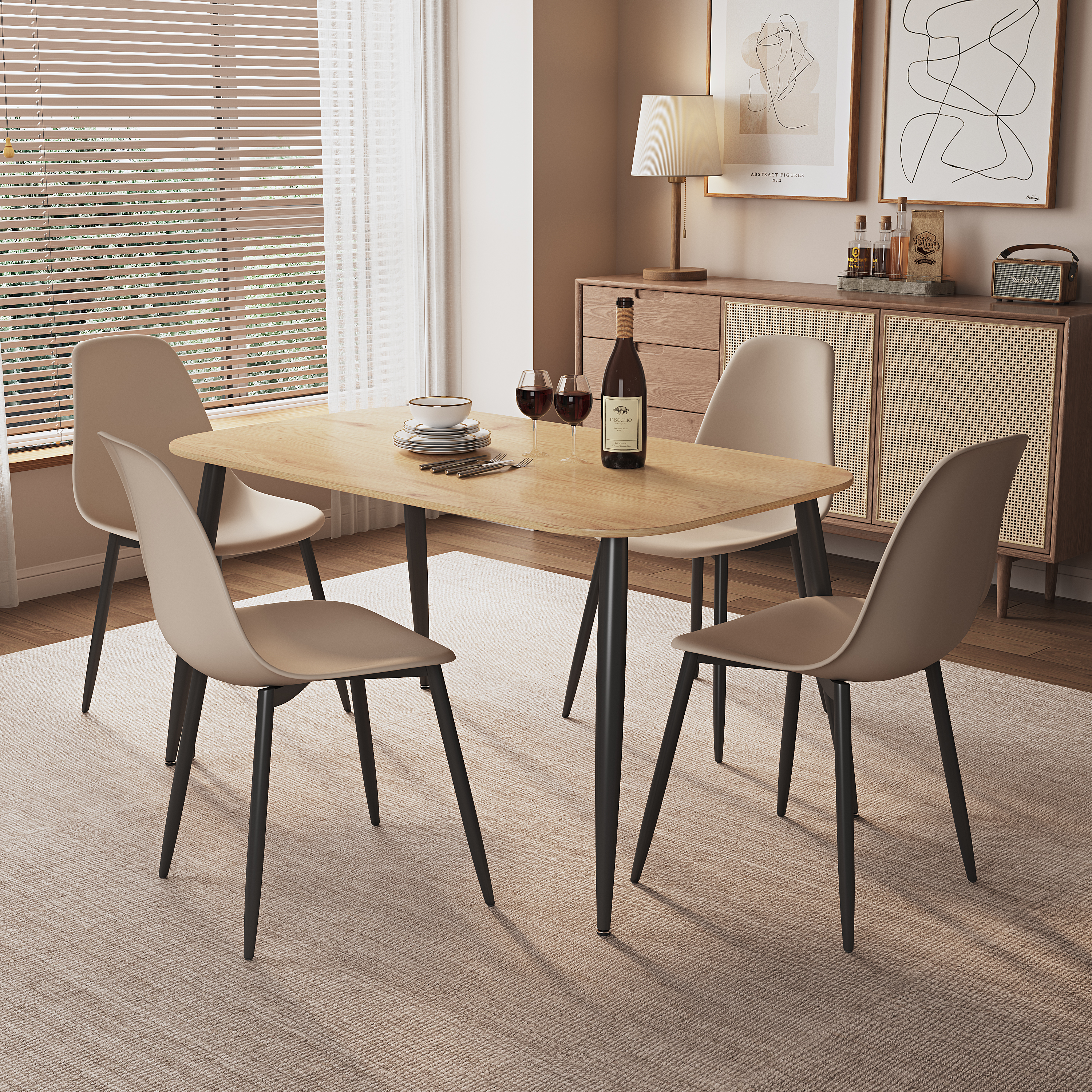 NEXO Rectangular Dining Table with 4 Curve Plastic Chairs - Light Oak with Calico
