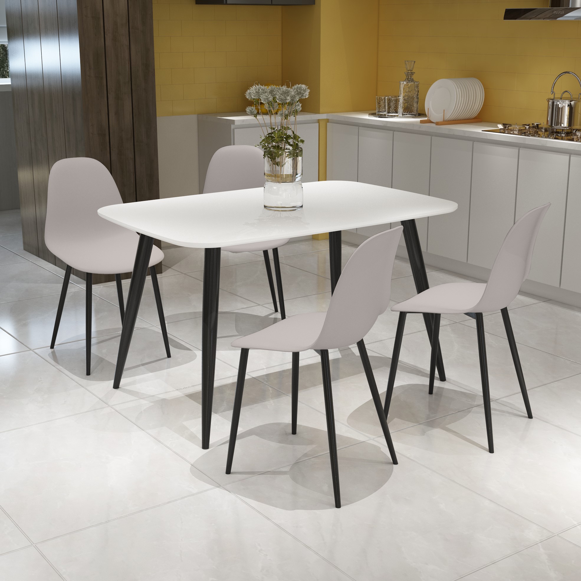 NEXO Rectangular Dining Table with 4 Curve Plastic Chairs - White with Calico