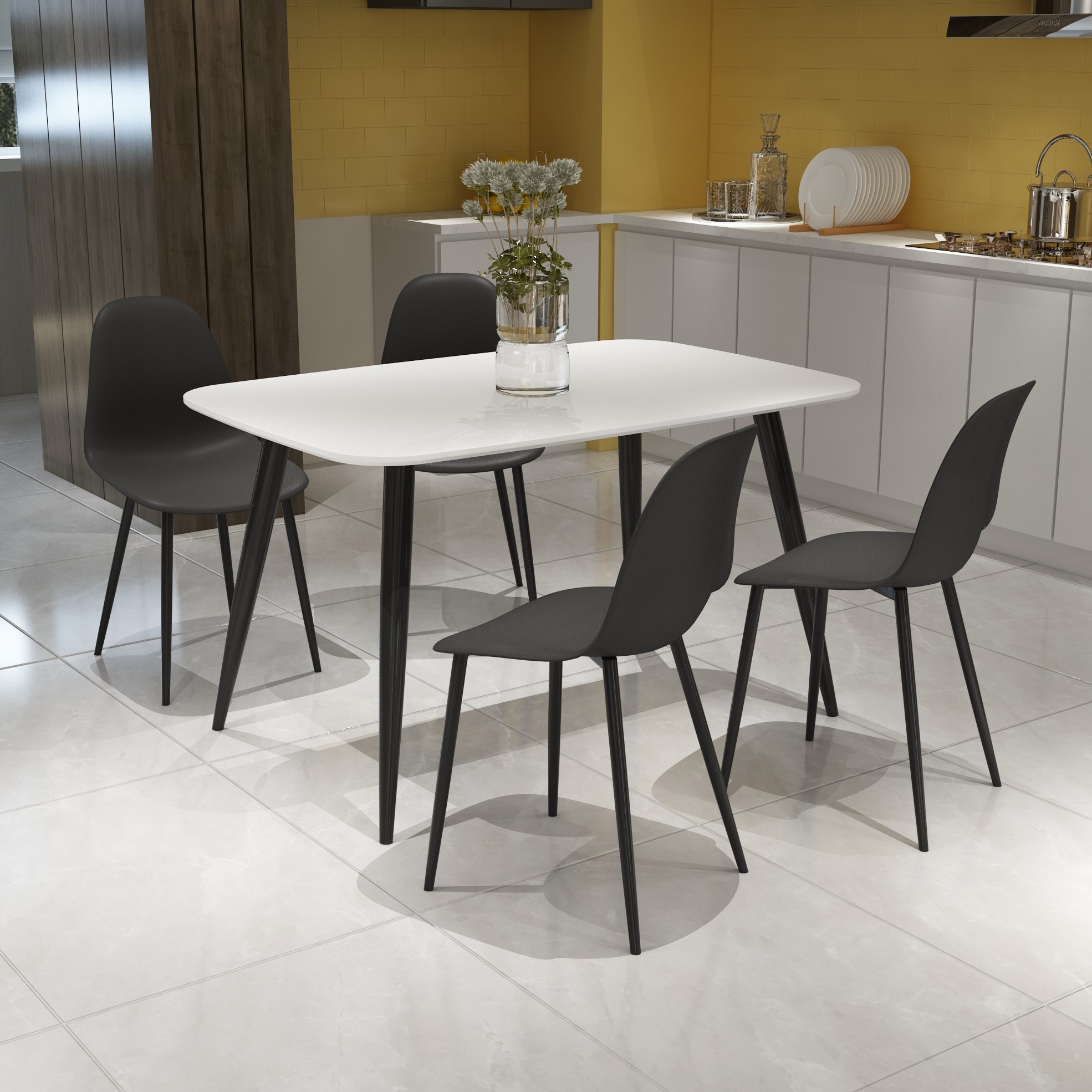 NEXO Rectangular Dining Table with 4 Curve Plastic Chairs - White with Black