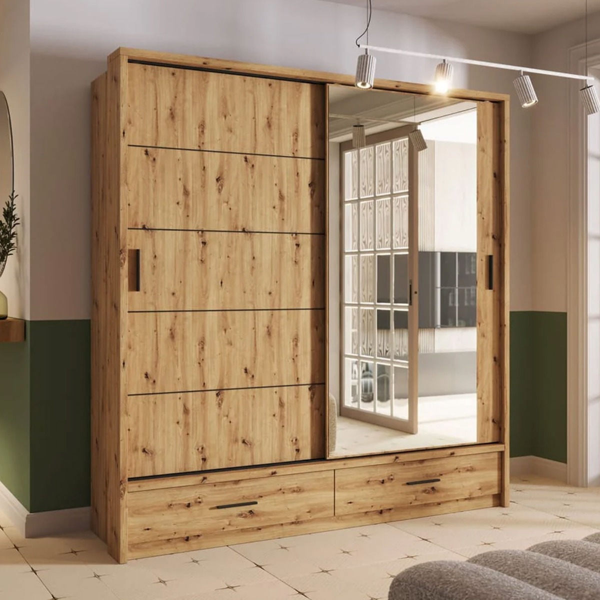 IRVINE 2 Door Mirrored Sliding Wardrobe with 2 Drawers Medium Oak - 200cm