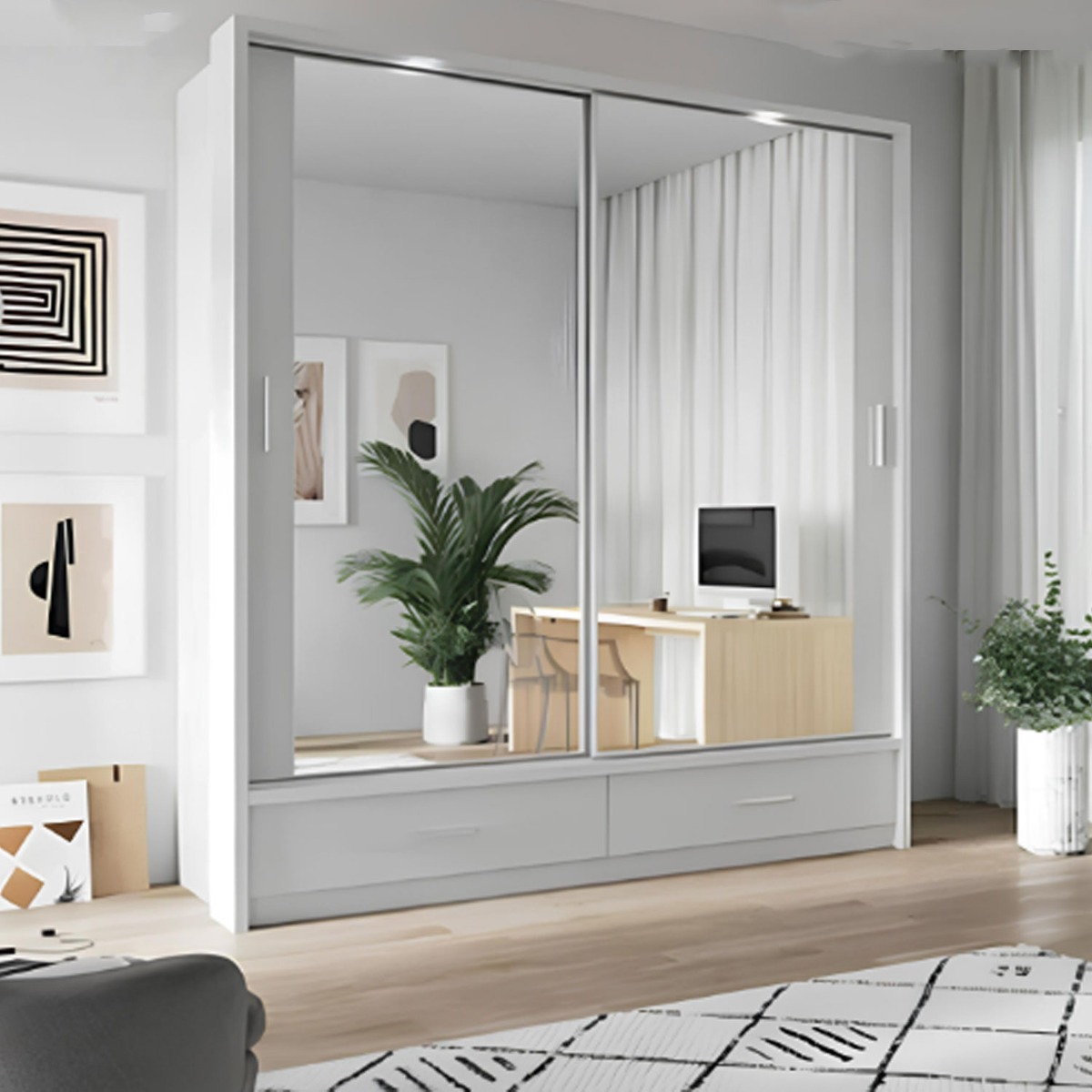 IRVINE II 2 Door Mirrored Sliding Wardrobe with 2 Drawer White Matt - 200cm